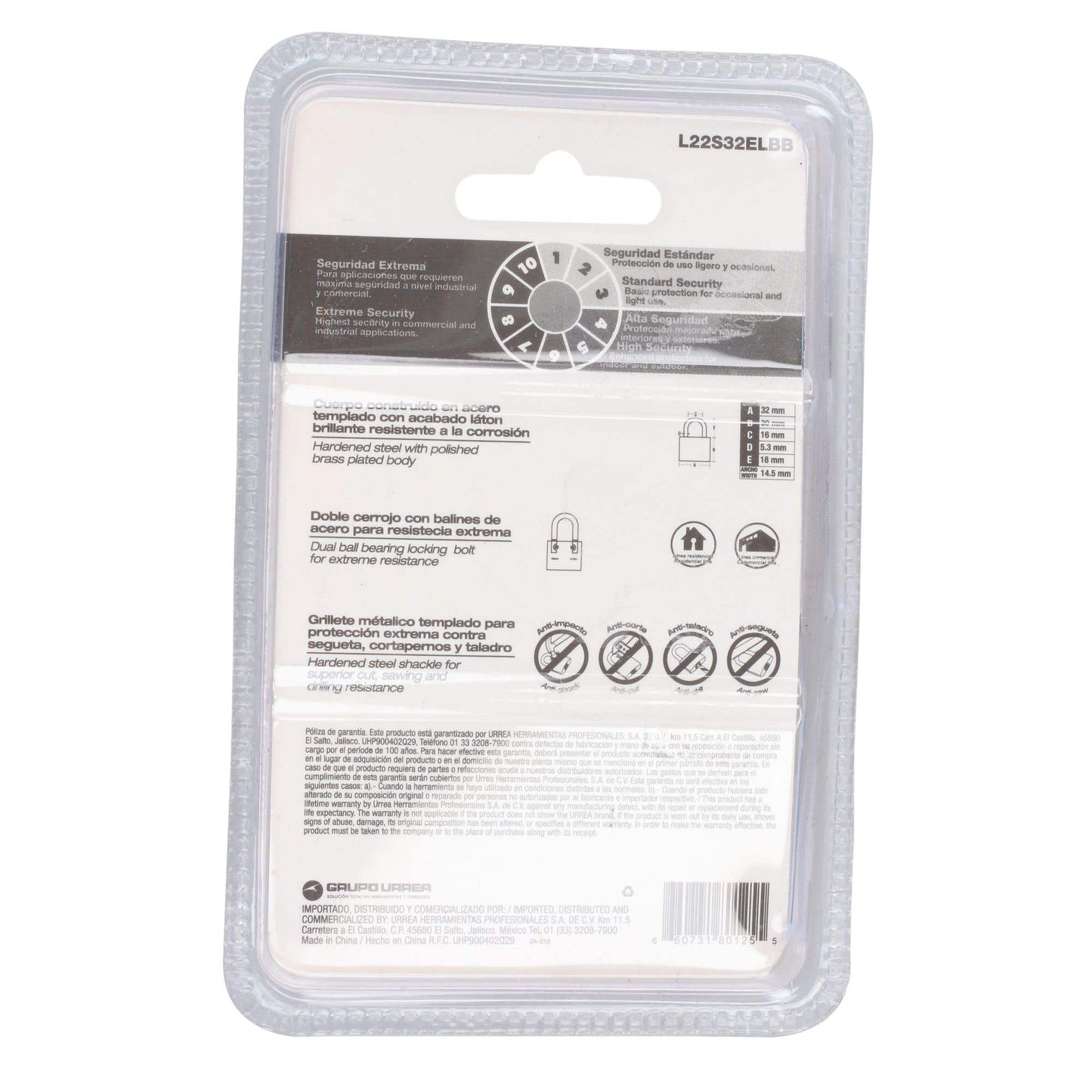 L22S32ELBB Candado de acero 32 mm anti-segueta y anti-impacto, Lock