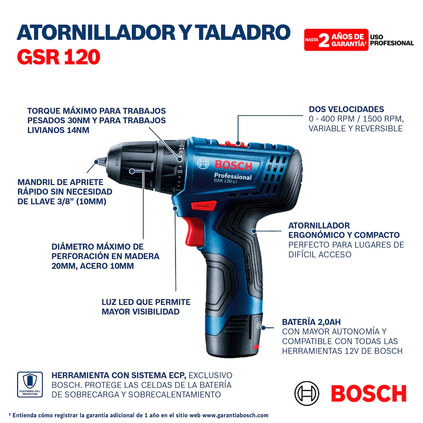 06019G80G0-000 Taladro atornillador Bosch GSR 120-LI 12V 2 bat 2Ah y maletín