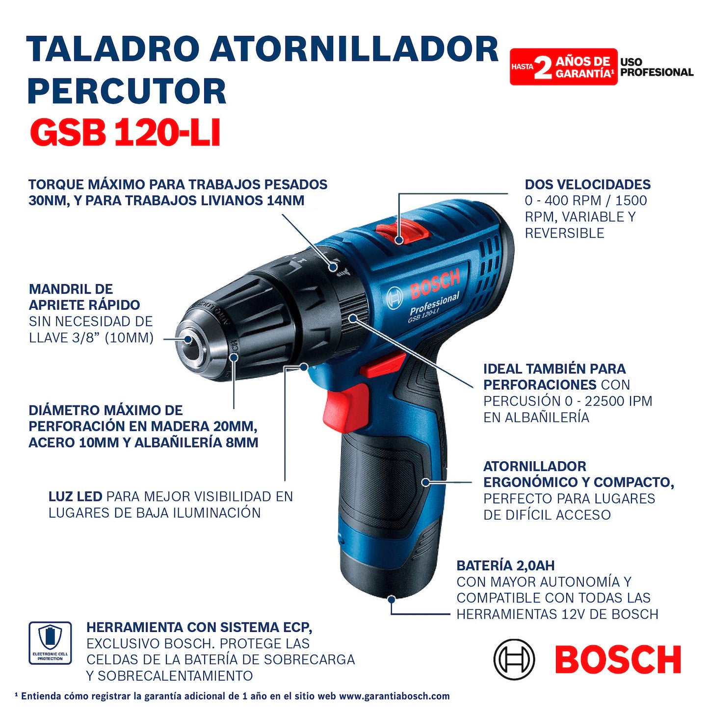 Taladro percutor inalámbrico Bosch GSB 120-LI 12V SB