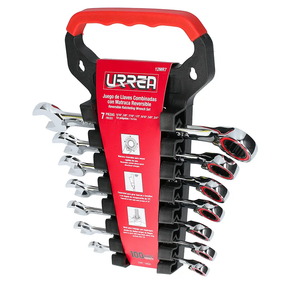 12MR7 Juego de llaves combinadas con ratchet reversible 7 piezas 5/16" a 3/4", uso pesado, Urrea
