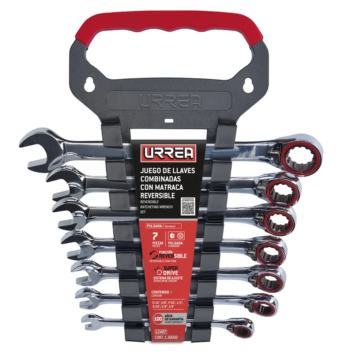 12MR7 Juego de llaves combinadas con ratchet reversible 7 piezas 5/16" a 3/4", uso pesado, Urrea