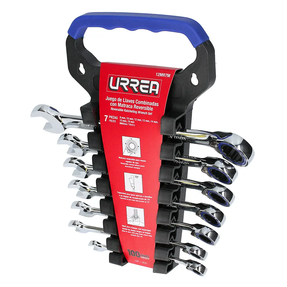 12MR7M Juego de llaves con ratchet reversible pulido espejo mm 7 piezas 8 a 19 mm, uso pesado, Urrea