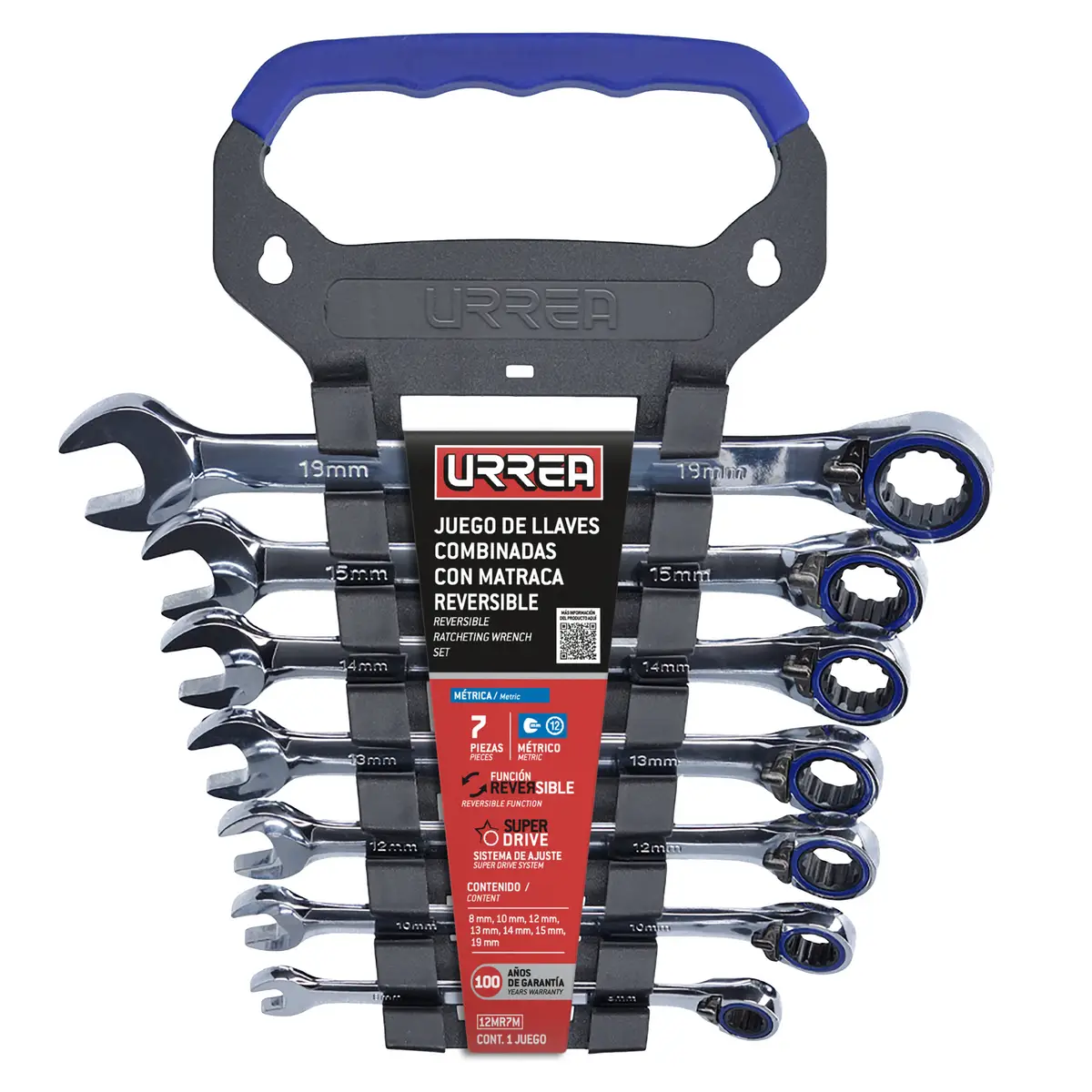 12MR7M Juego de llaves con ratchet reversible pulido espejo mm 7 piezas 8 a 19 mm, uso pesado, Urrea