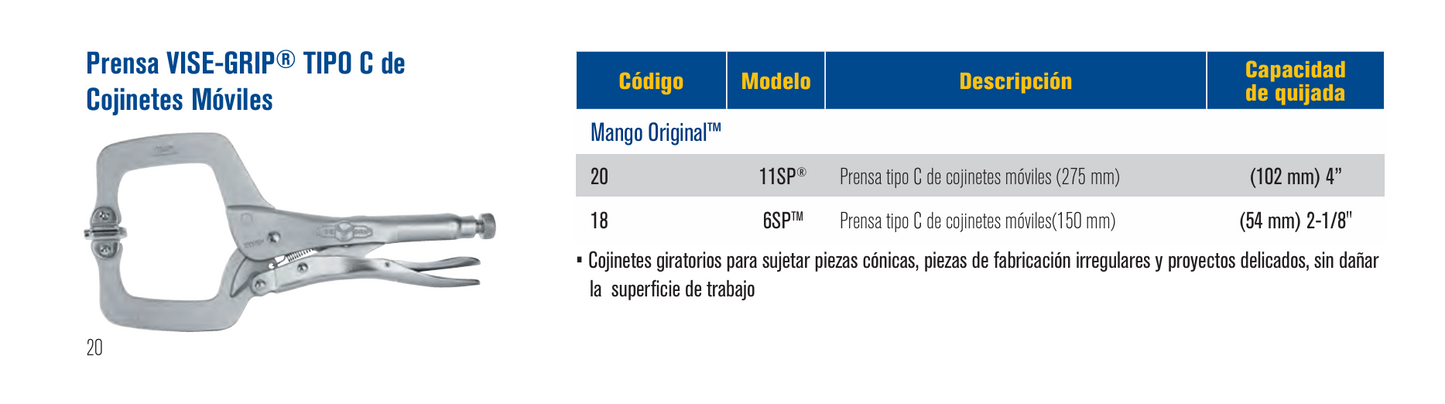 18 Alicate de presión hombresolo 6SP, prensa Tipo C Vise-Grip Irwin