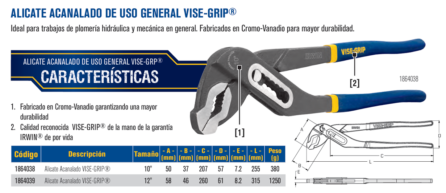 1864038 Alicate acanalado para tubos y pernos Vise-Grip 10" Irwin