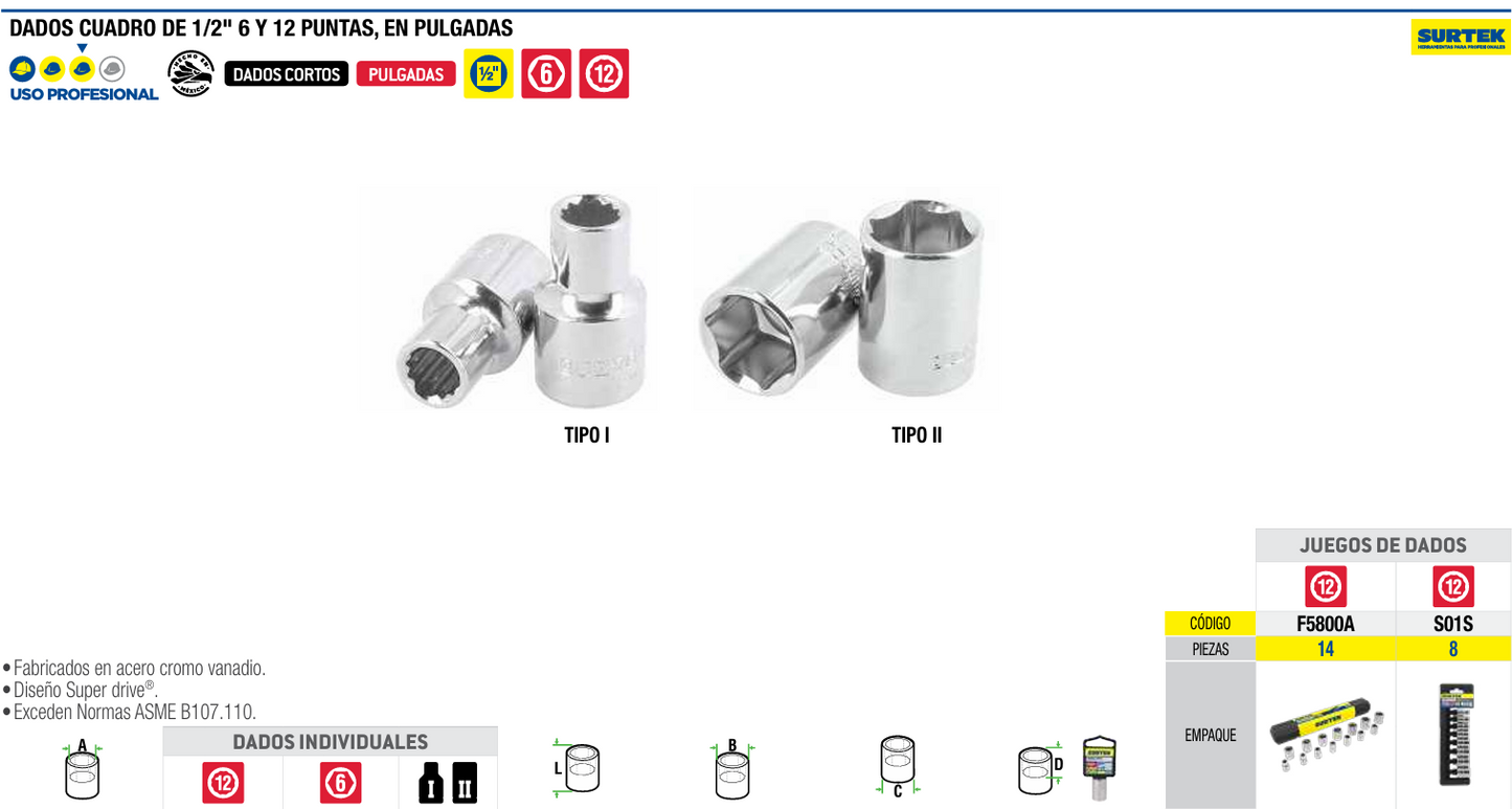 F5840H Copa de 6 puntas, cuadrante 1/2" de 1-1/4" recubierta de Cr-Ni