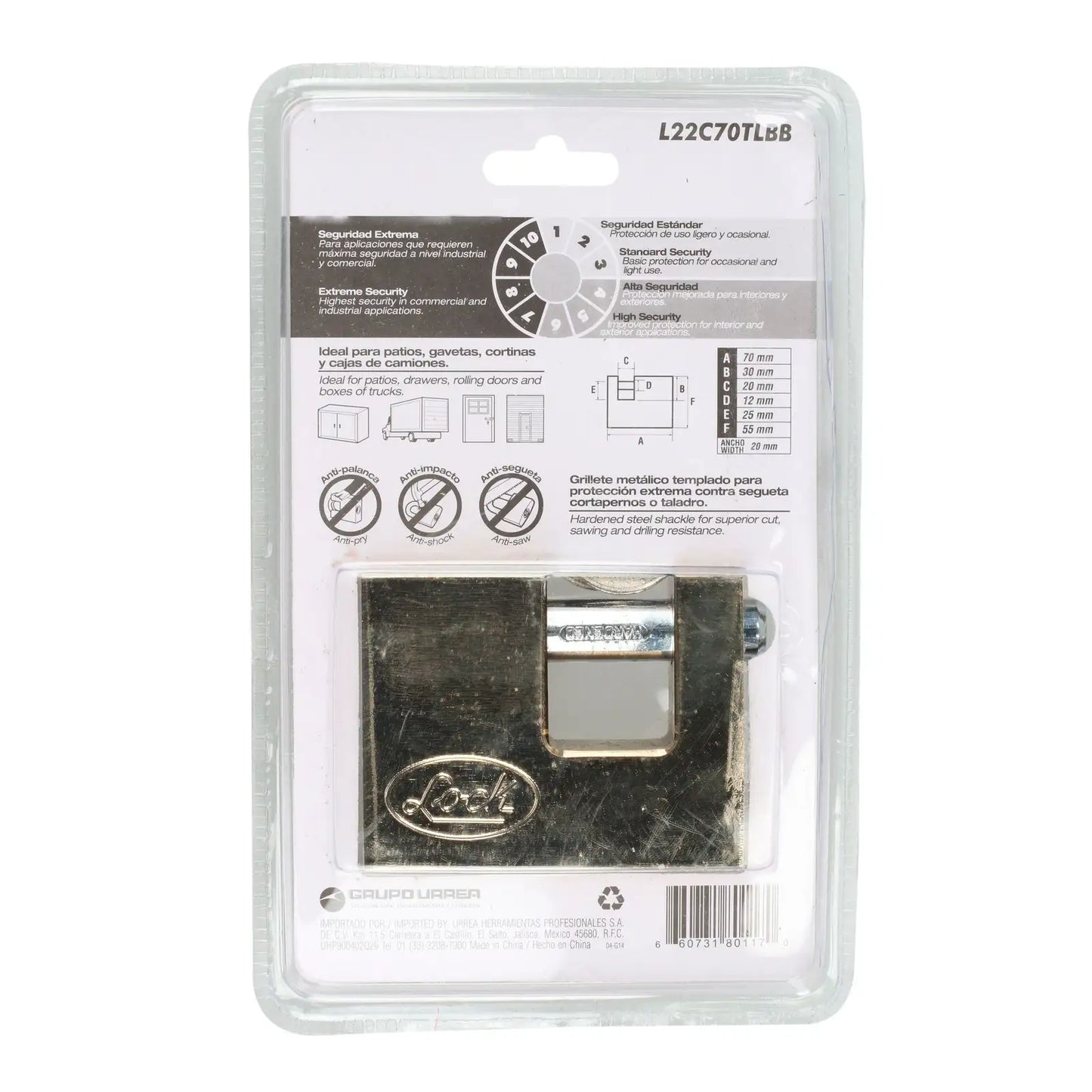 L22C70TLBB Candado de acero anti-cizalla 70 mm con llave tetra, latón brillante, Lock