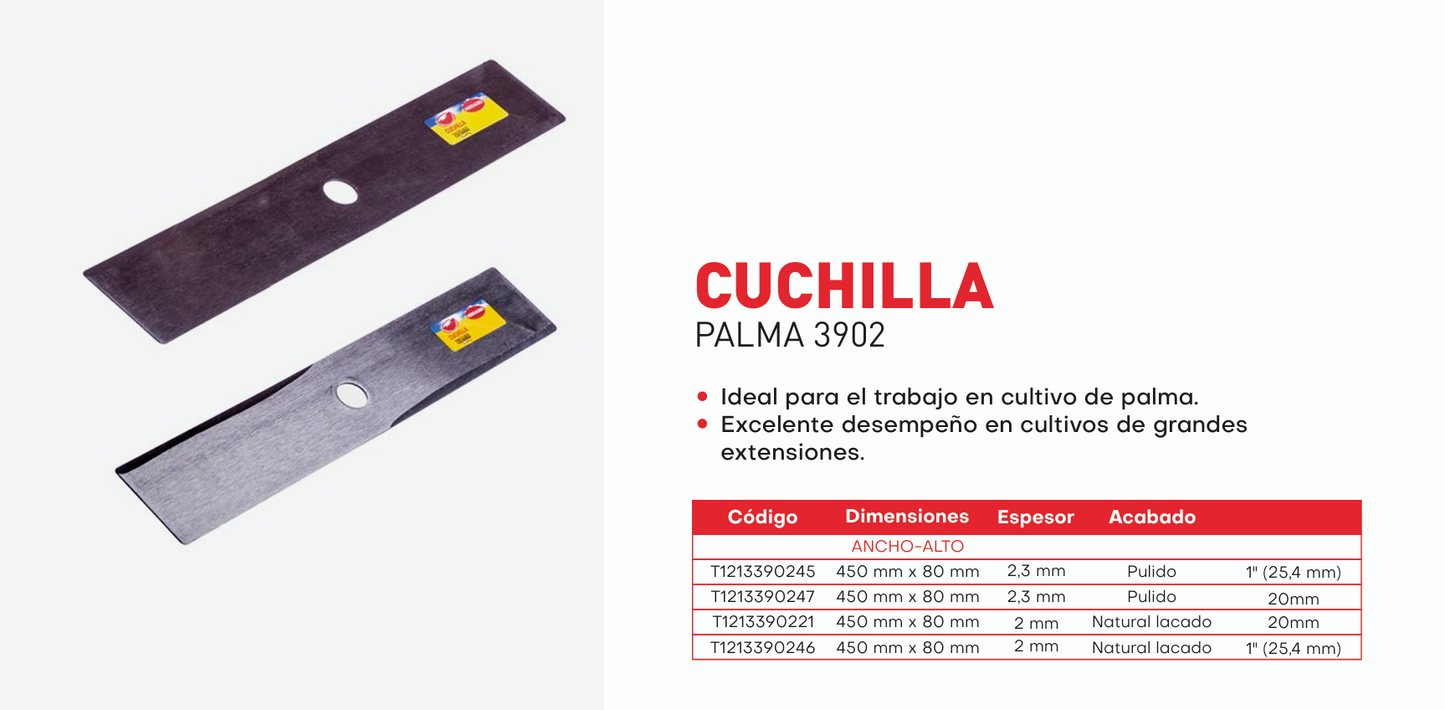 T1213390247 Cuchilla para guadaña paresa palma 450 X 80 mm X 2.3 mm, eje 20 mm lacada Herragro