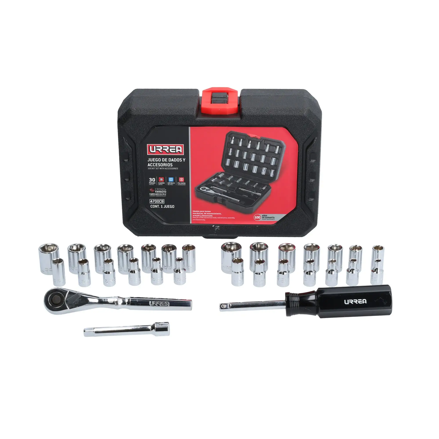 4700CB Juego de copas y accesorios 1/4" 30 piezas, uso pesado 5/32" a 9/16" - 4 a 14 mm, Urrea