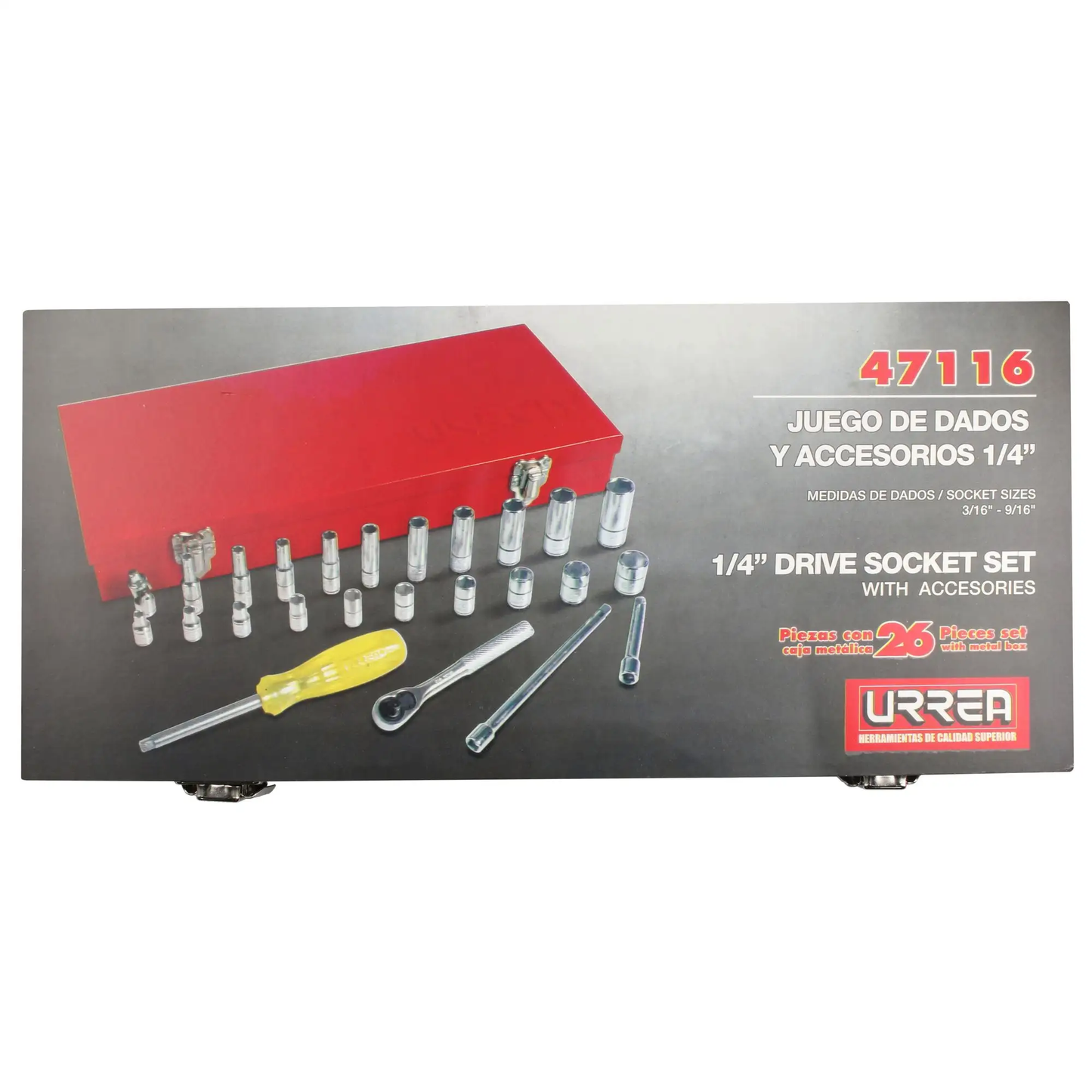 47116 Juego de copas 6 pt cuadrante 1/4" 26 piezas 3/16" a 9/16", uso pesado, Urrea
