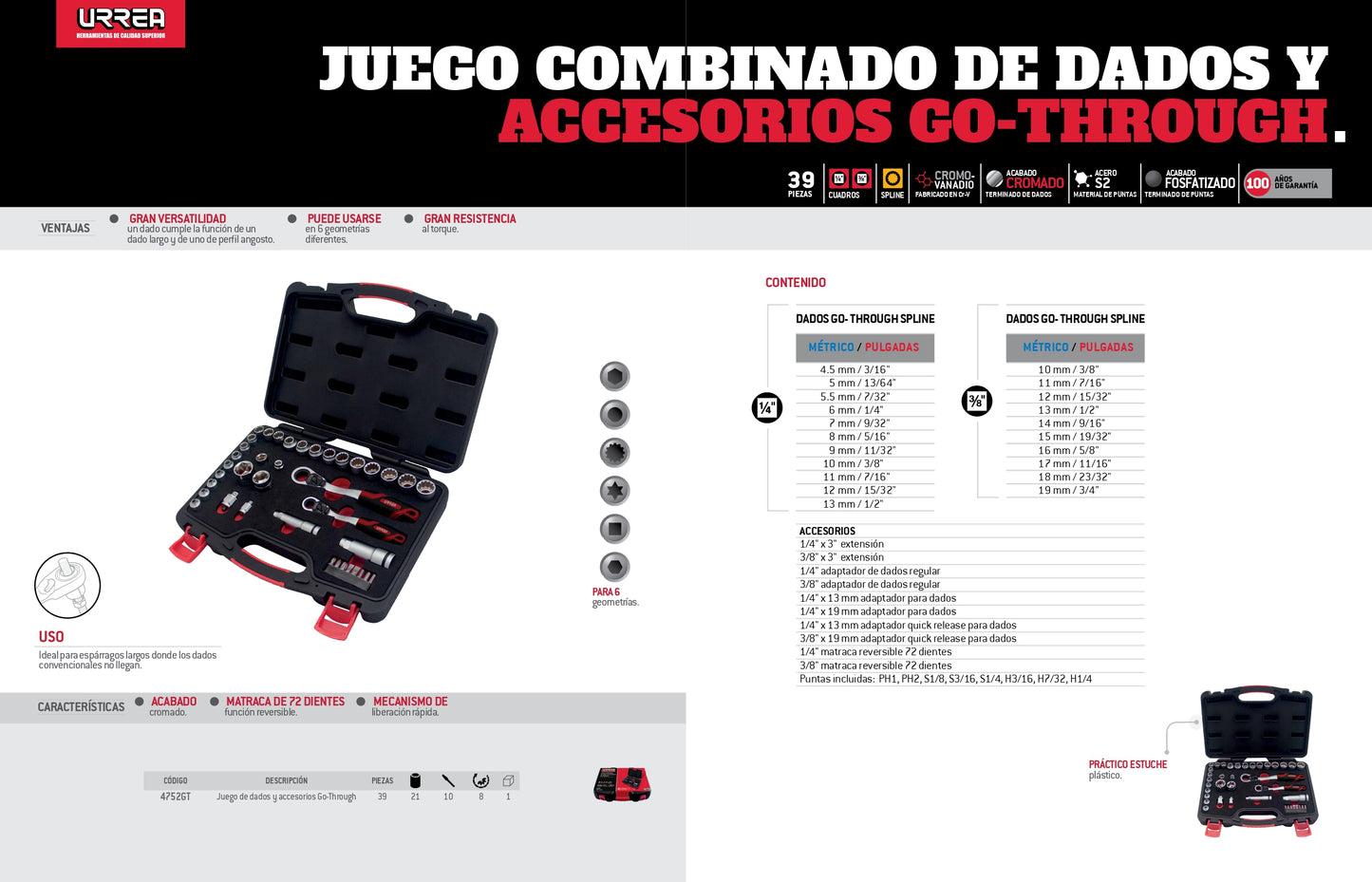4752GT Juego de copas y accesorios cuadrante 3/8" y 1/2" mixto 39 piezas