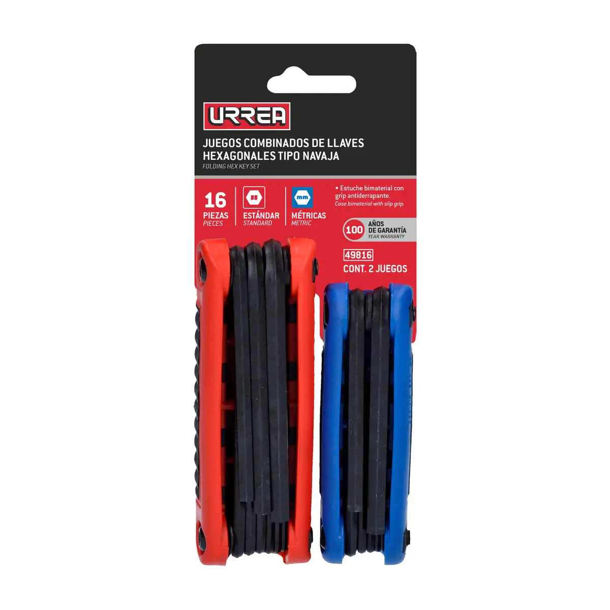 49816 Juego de llaves tipo navaja 16 piezas en milimetros 1.5 a 6 mm y pulgadas 5/64" a 7/32", uso industrial, Urrea