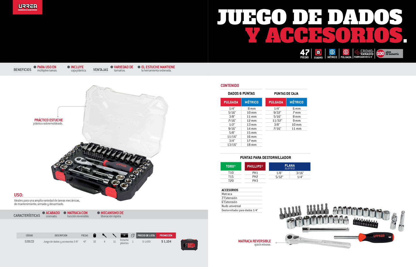 5201CD Juego de copas y accesorios cuadrante 3/8" mixto 47 piezas