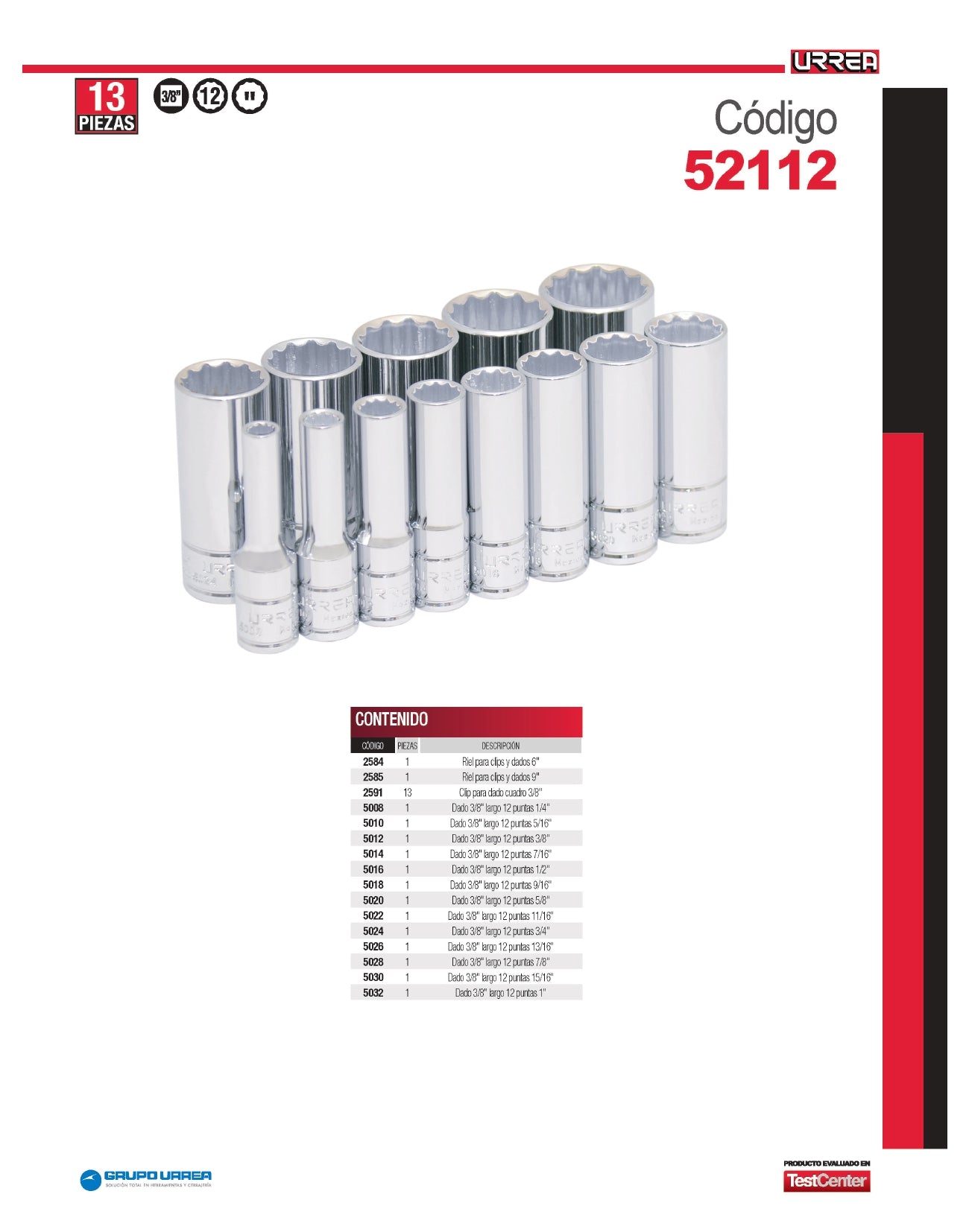 52112 Juego de copas largas 12 pt cuadrante 3/8" 13 piezas en pulgadas