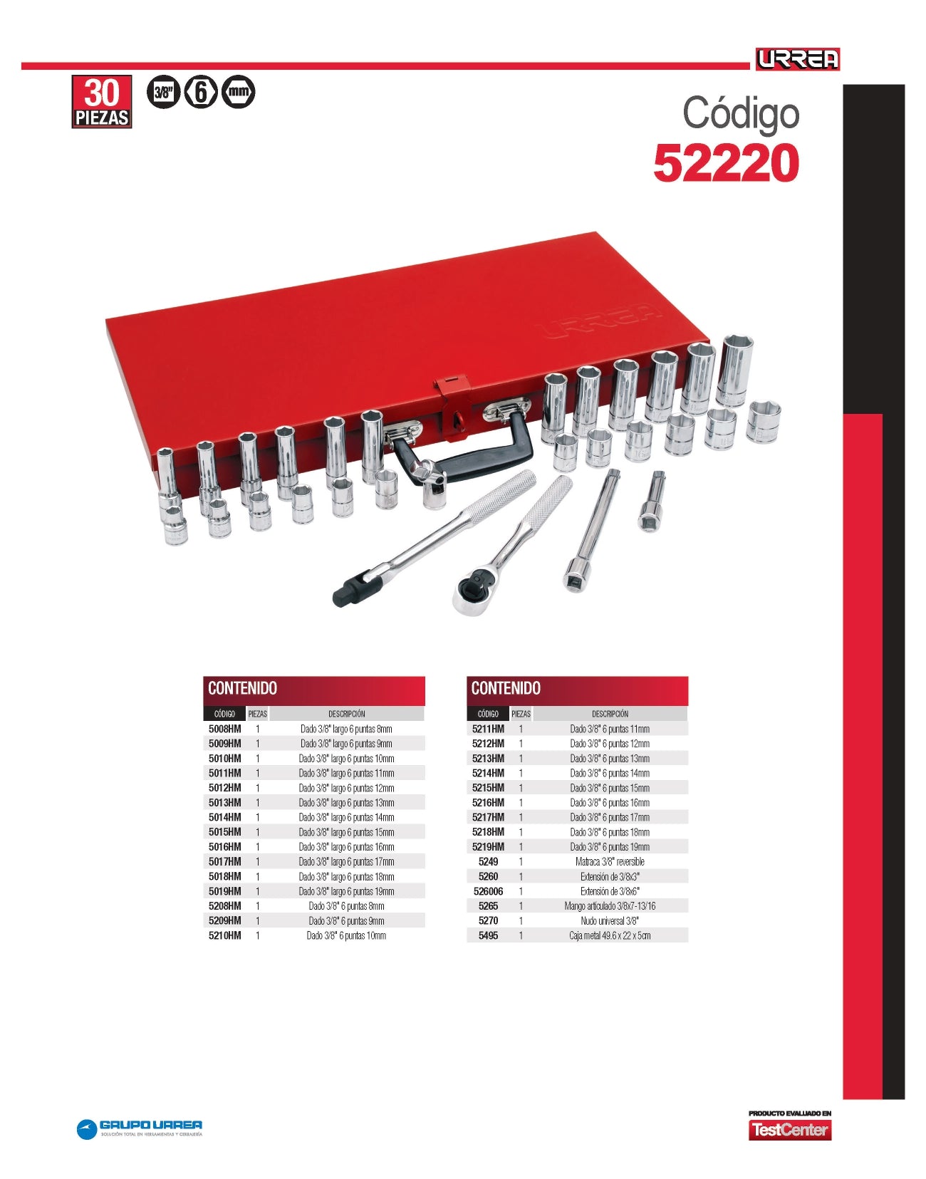 52220 Juego de copas y accesorios cuadrante 3/8" métrico 30 piezas