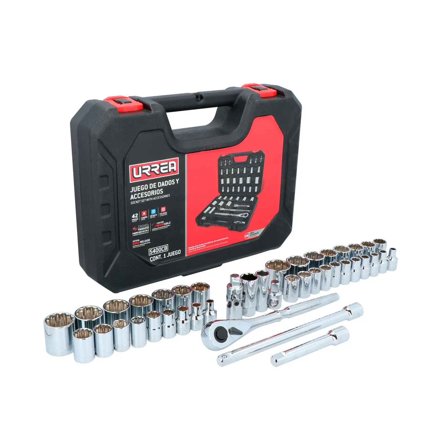 5400CB Juego de copas y accesorios 1/2" 42 piezas 8 a 32 mm - 5/16" a 1-1/4", uso pesado, Urrea