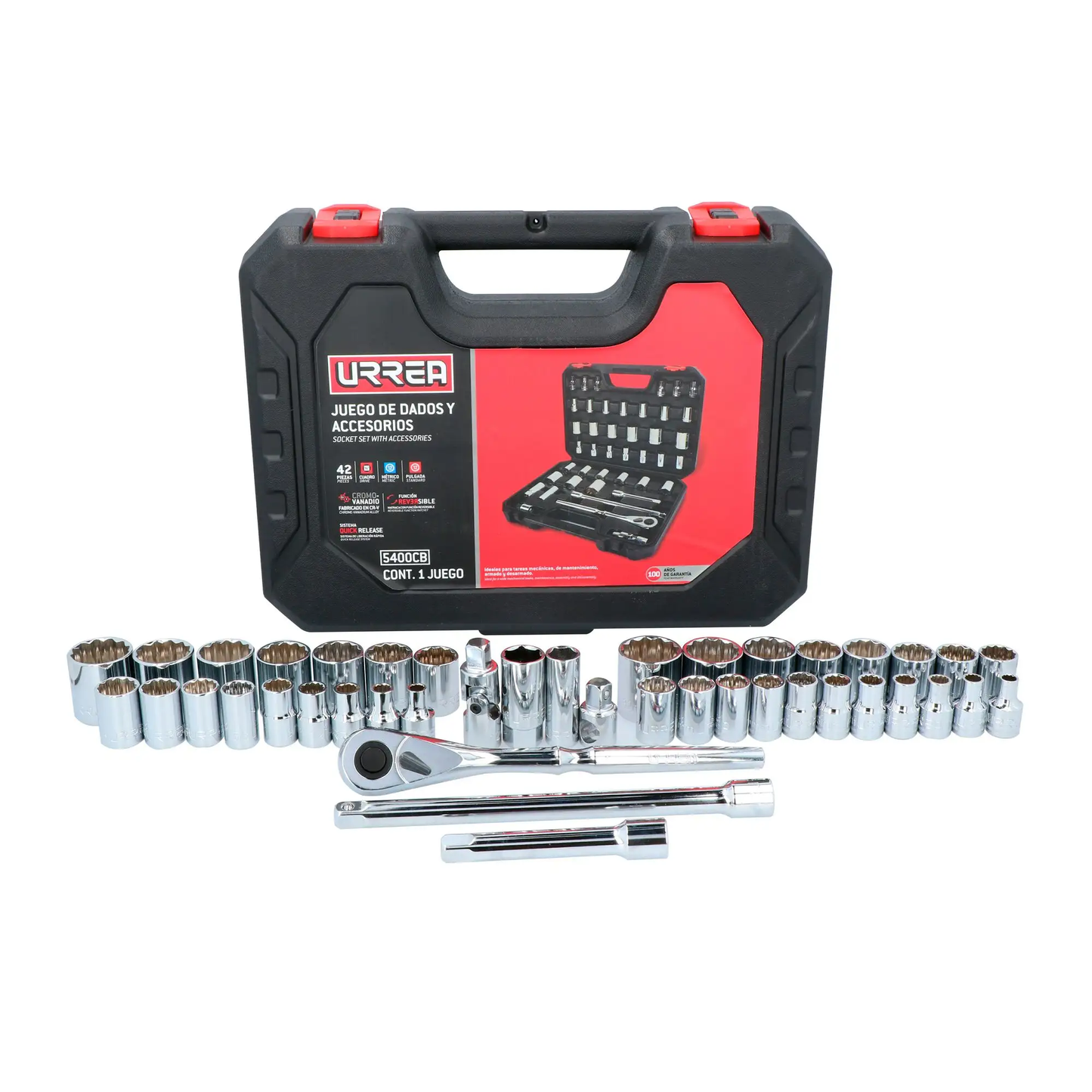 5400CB Juego de copas y accesorios 1/2" 42 piezas 8 a 32 mm - 5/16" a 1-1/4", uso pesado, Urrea