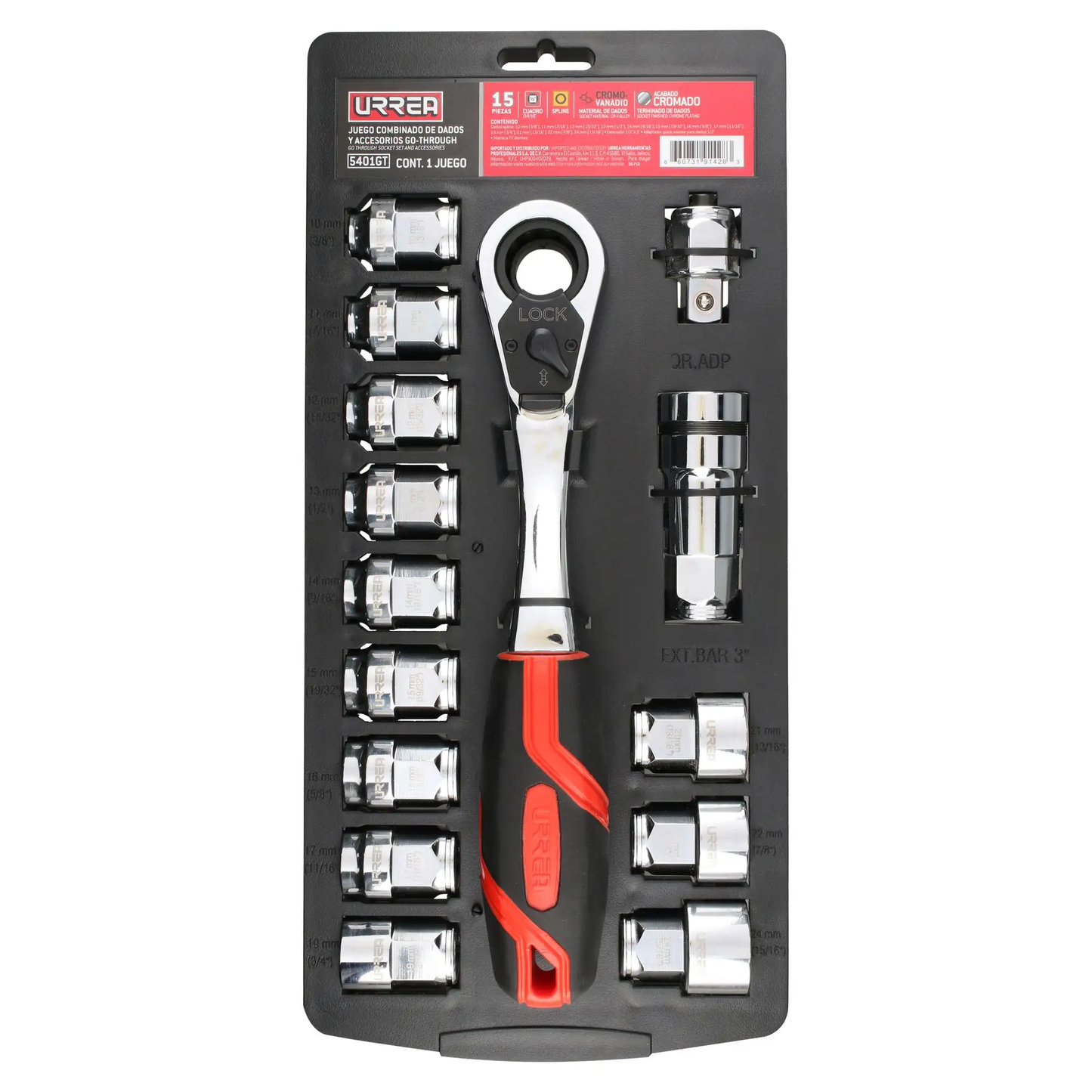 5401GT Juego de copas spline dobles cuadrante 1/2" Go Through 15 piezas, uso industrial, Urrea