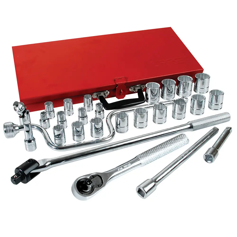 54124 Juego de copas y accesorios cuadrante 1/2" 28 piezas 3/8" a 1-1/4", uso pesado, Urrea