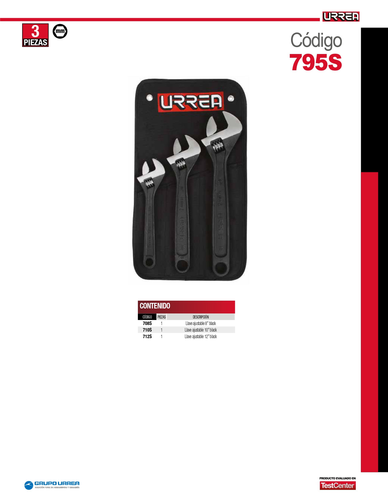 795S Juego de llaves ajustables fosfatadas 3 piezas 8", 10" y 12", uso pesado, Urrea