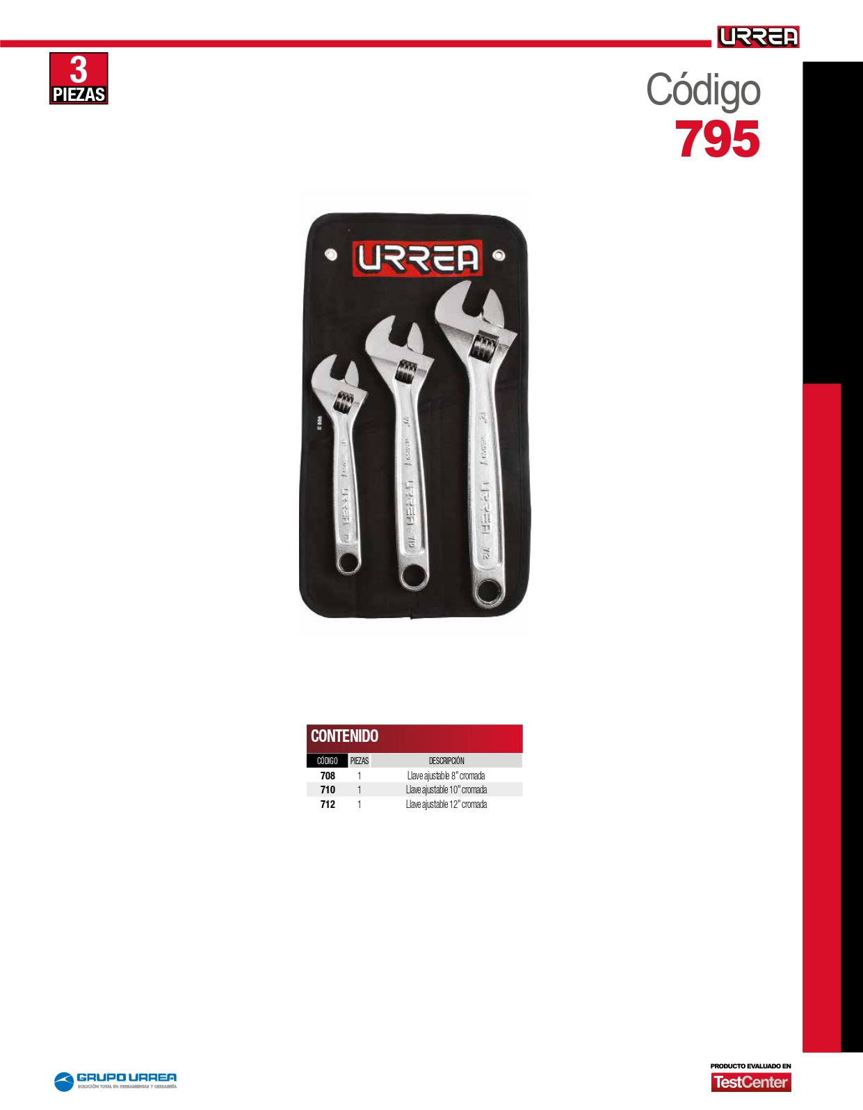 795 Juego de llaves ajustable cromada 3 piezas 8", 10" y 12", uso pesado, Urrea
