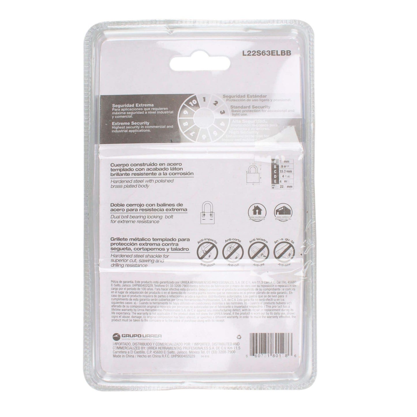 L22S63ELBB Candado de acero 63 mm anti-segueta y anti-impacto, Lock