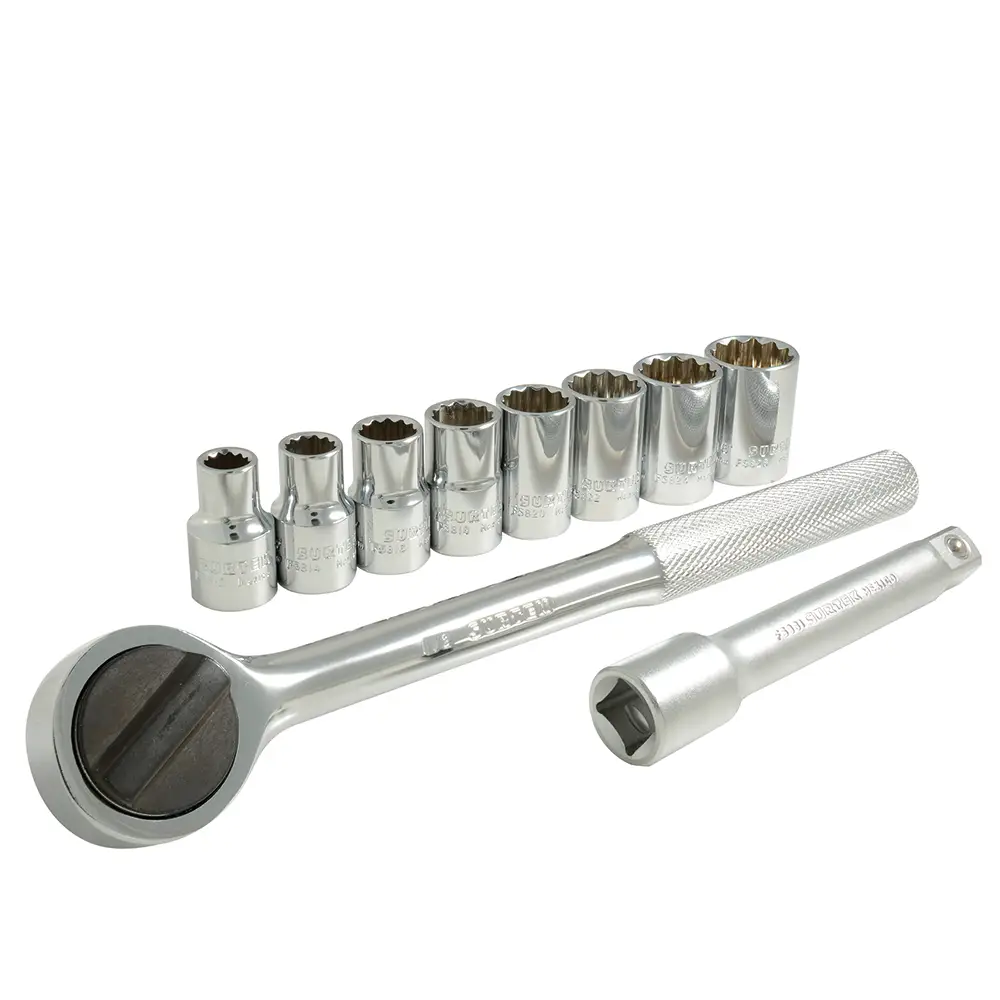 A01S Juego de copas 12 pt y accesorios cuadrante 1/2" 10 piezas 3/8" a 13/16", uso profesional, Surtek