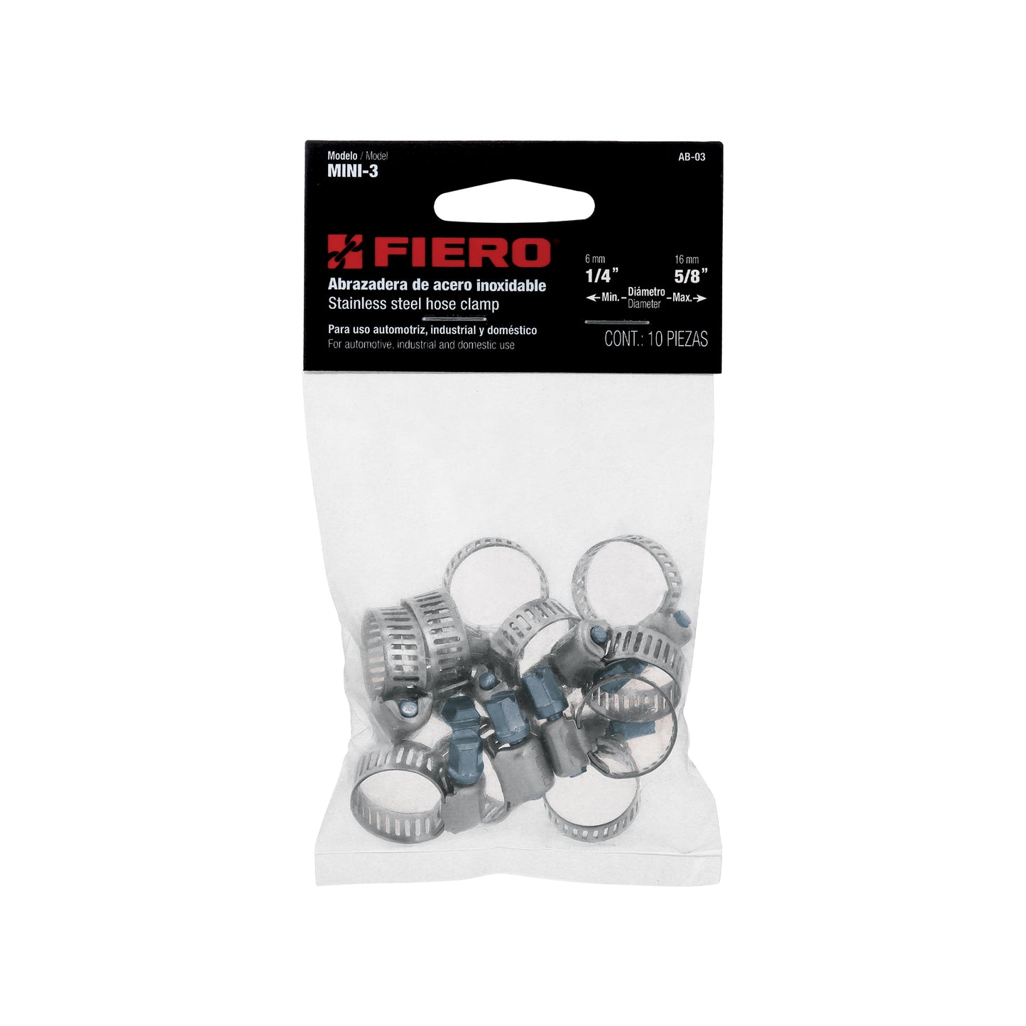 AB-03 Mini-abrazadera reforzada, acero inox #3, 1/4"-5/8", 10 pzas