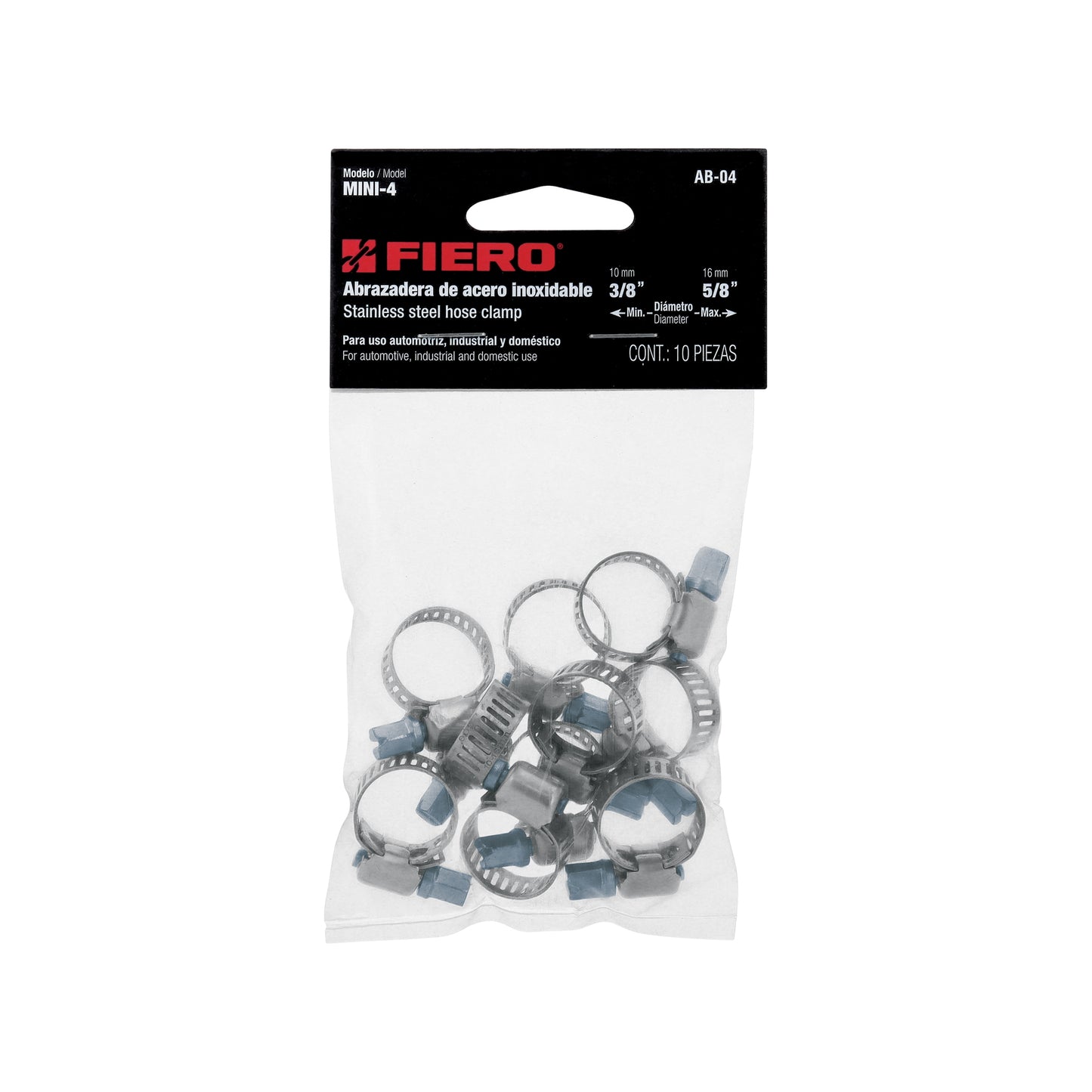 AB-04 Mini-abrazadera reforzada, acero inox #4, 3/8"-5/8", 10 pzas