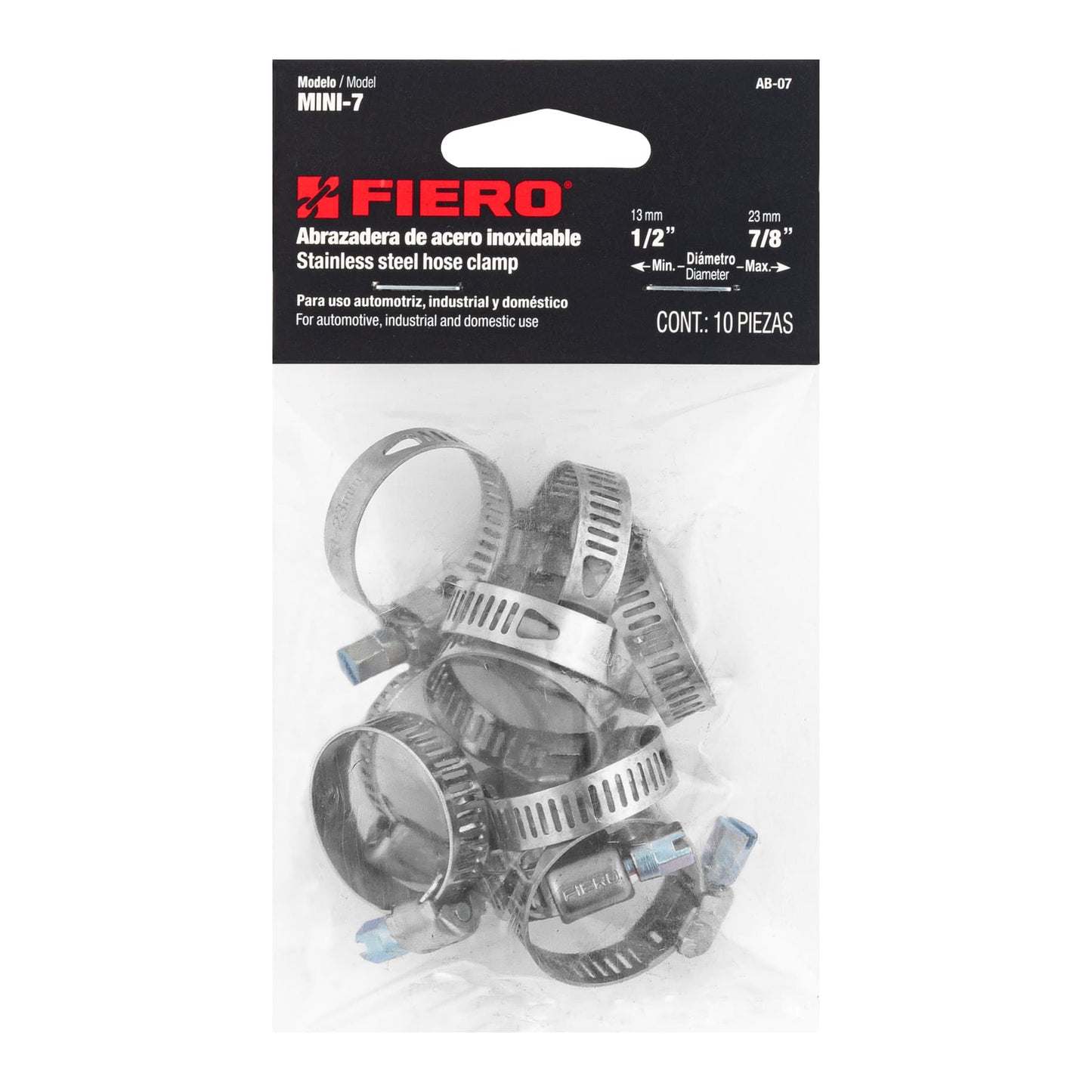 AB-07 Mini-abrazadera reforzada, acero inox #7, 1/2"-7/8", 10 pzas