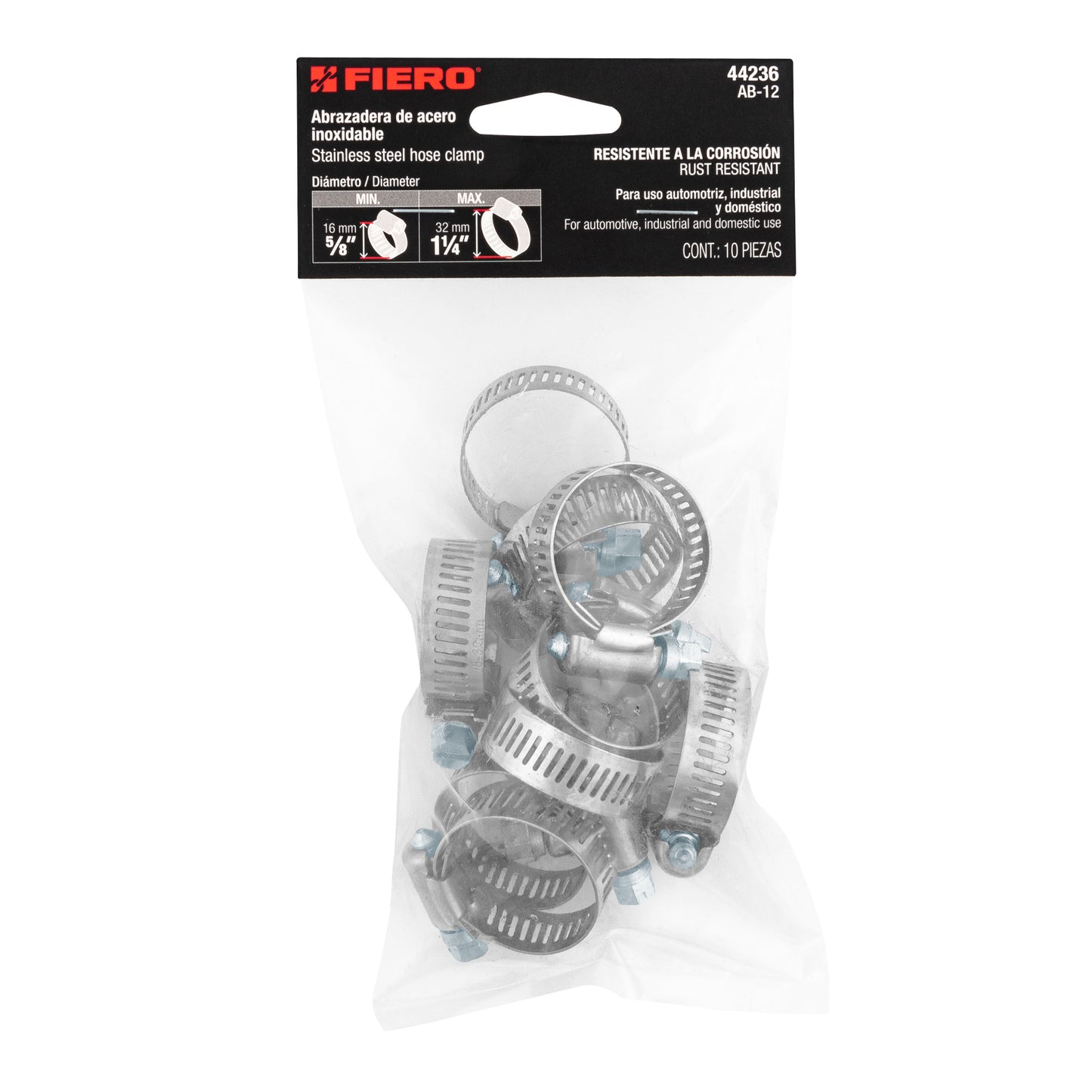AB-12 Abrazadera reforzada, acero inox #12, 5/8"-1-1/4", 10 pzas