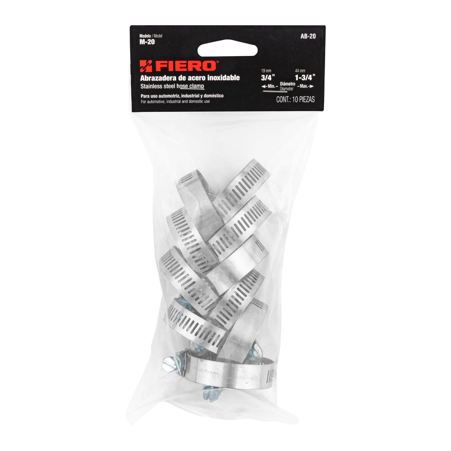 AB-20 Abrazadera reforzada, acero inox #20, 3/4"-1-3/4", 10 pzas