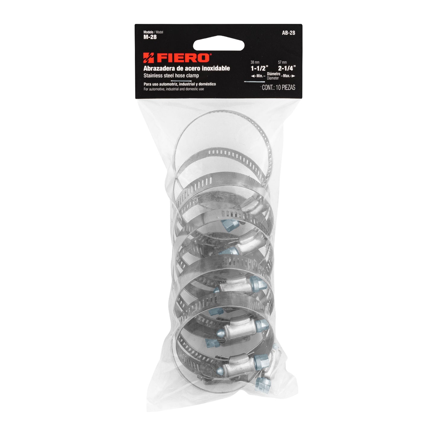 AB-28 Abrazadera reforzada, acero inox #28, 1-1/2"-2-1/4", 10 pzas