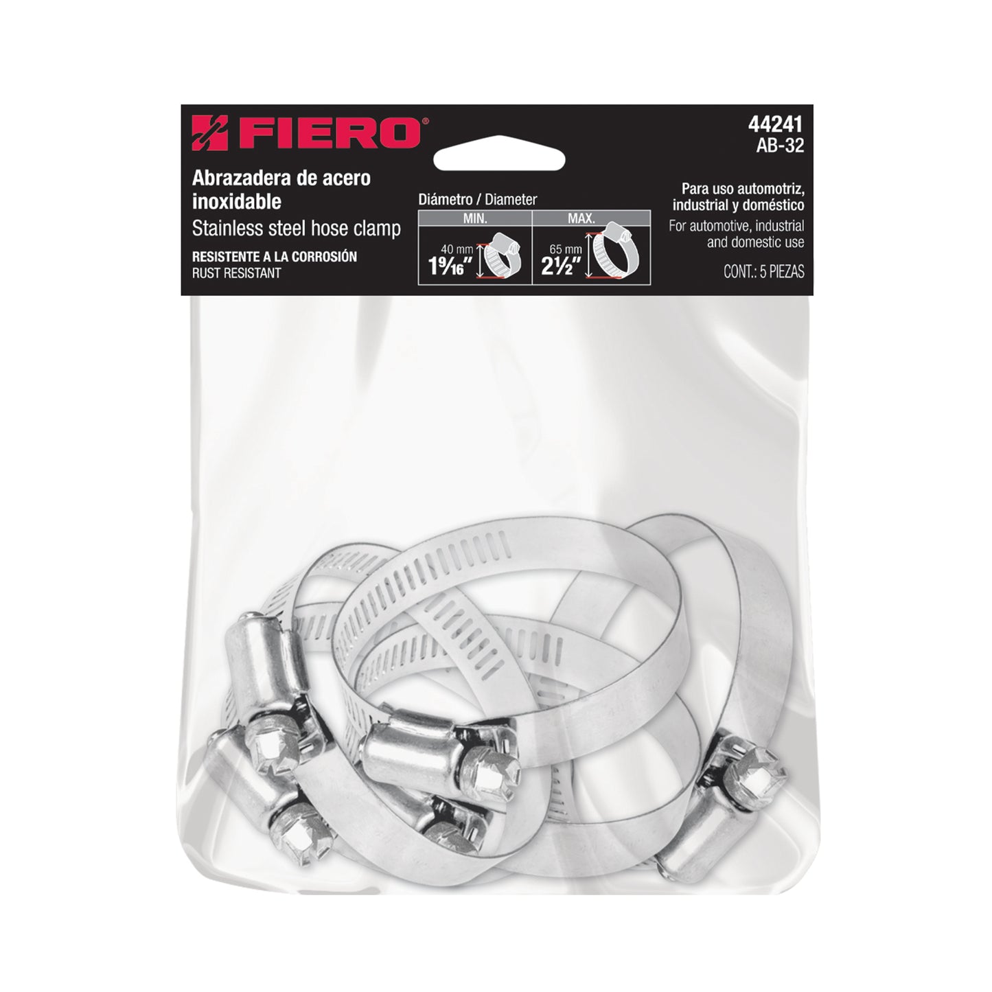 AB-32 Abrazadera reforzada, acero inox #32, 1-9/16"-2-1/2", 5 pzas