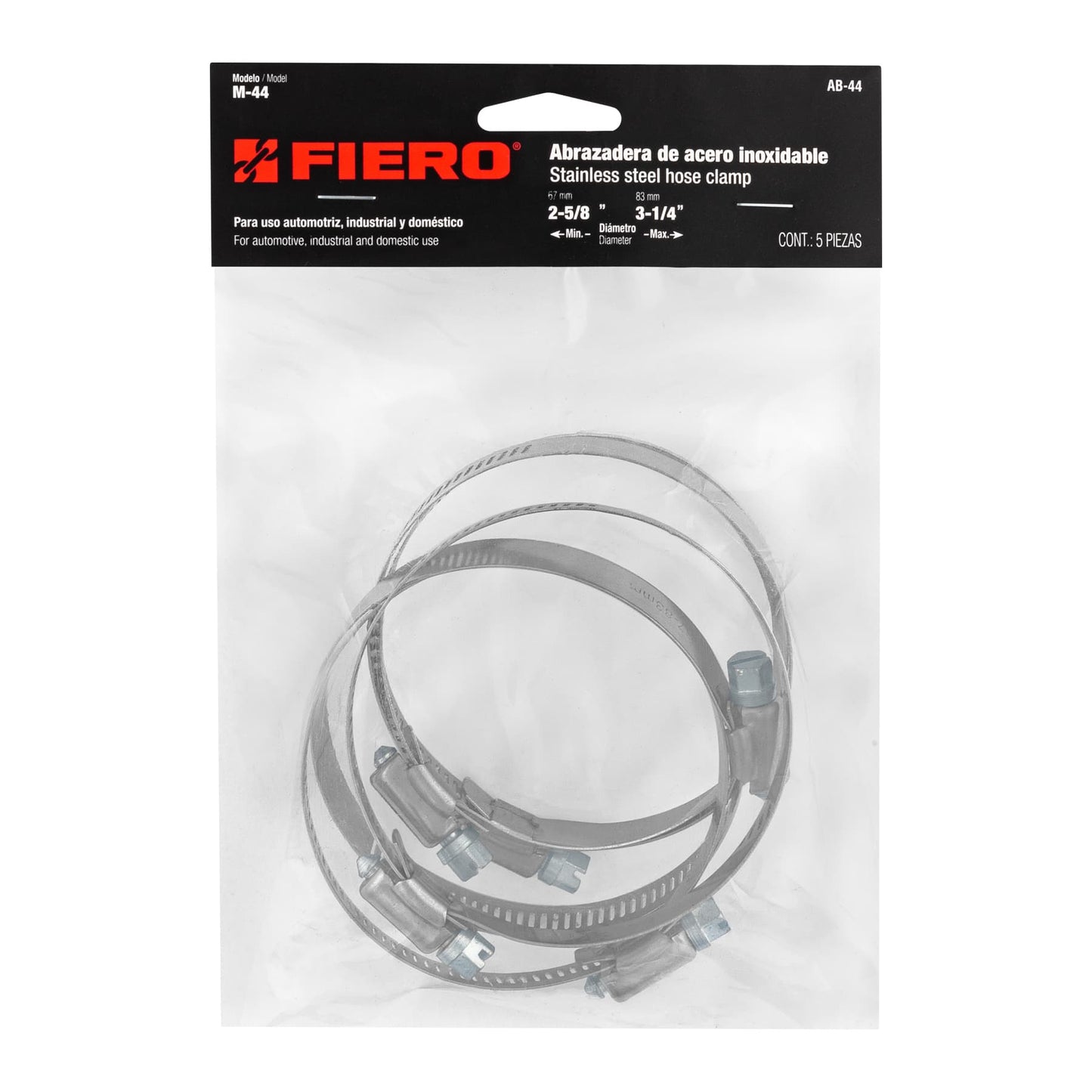 AB-44 Abrazadera reforzada, acero inox #44, 2-5/8"-3-1/4", 5 pzas