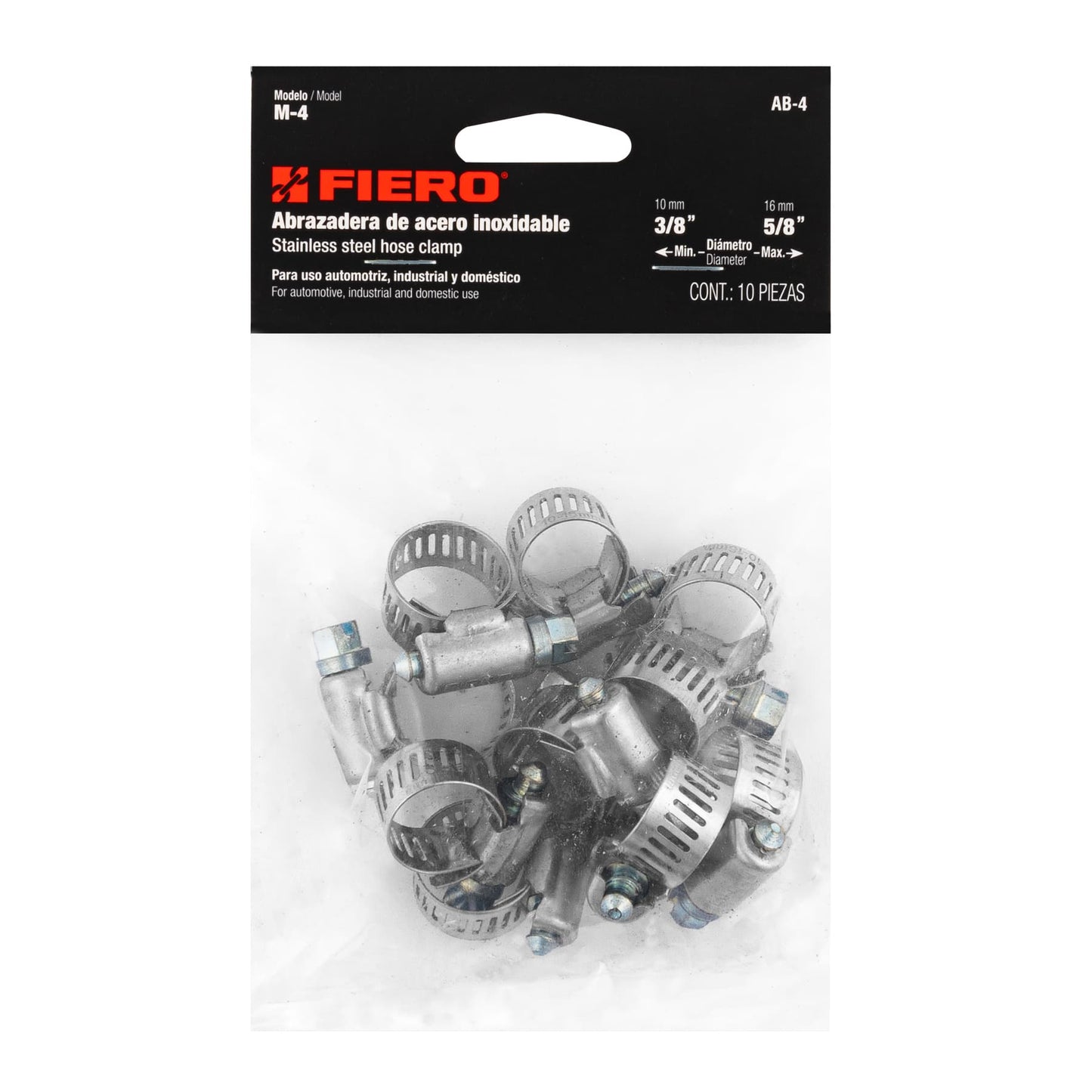 AB-4 Abrazadera reforzada, acero inox #4, 3/8"-5/8", 10 pzas