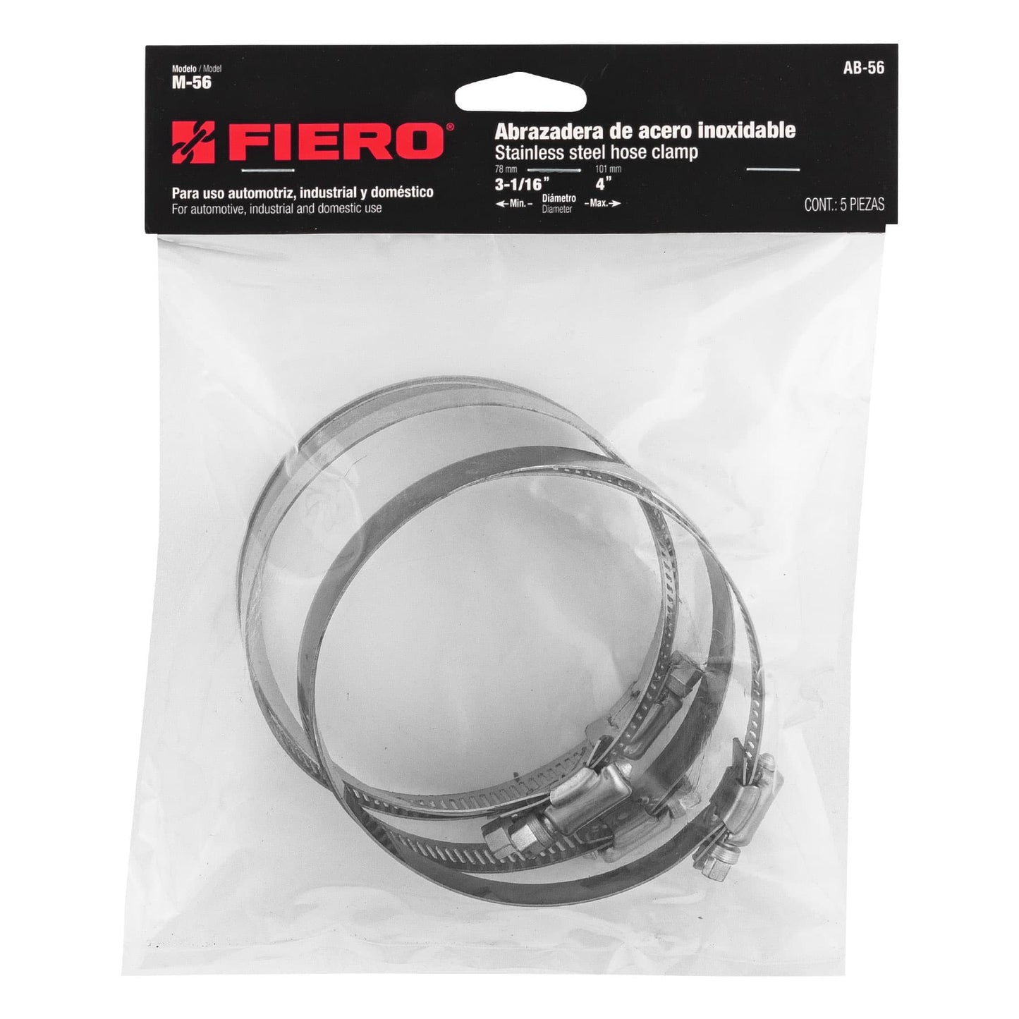 AB-56 Abrazadera reforzada, acero inox #56, 3-1/16"-4", 5 pzas