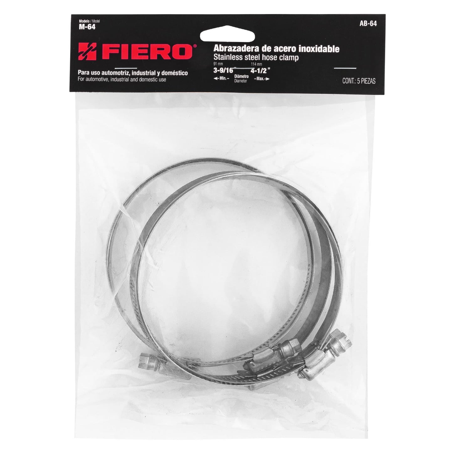 AB-64 Abrazadera reforzada, acero inox #64, 3-9/16"-4-1/2", 5 pzas