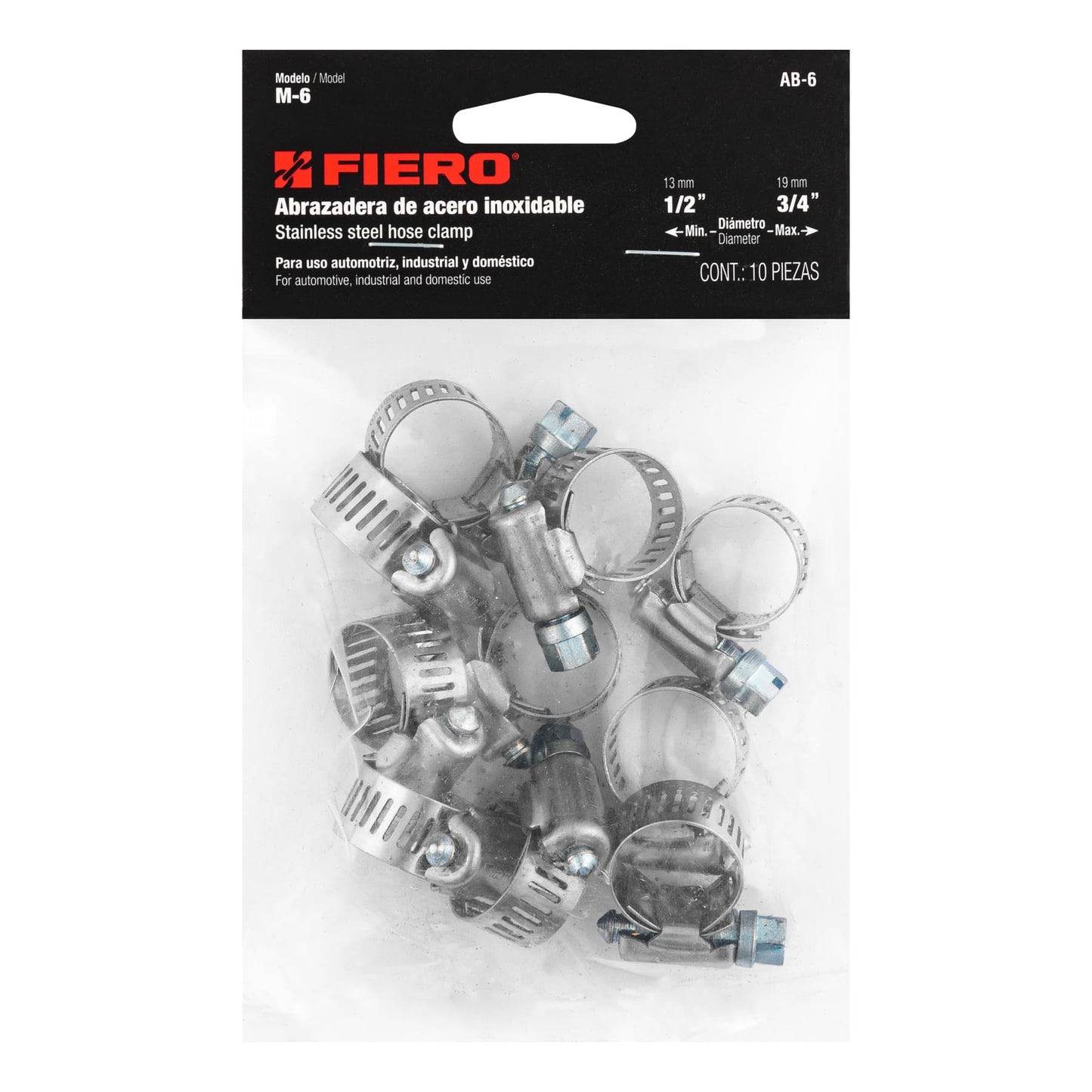 AB-6 Abrazadera reforzada, acero inox #6, 1/2"-3/4", 10 pzas