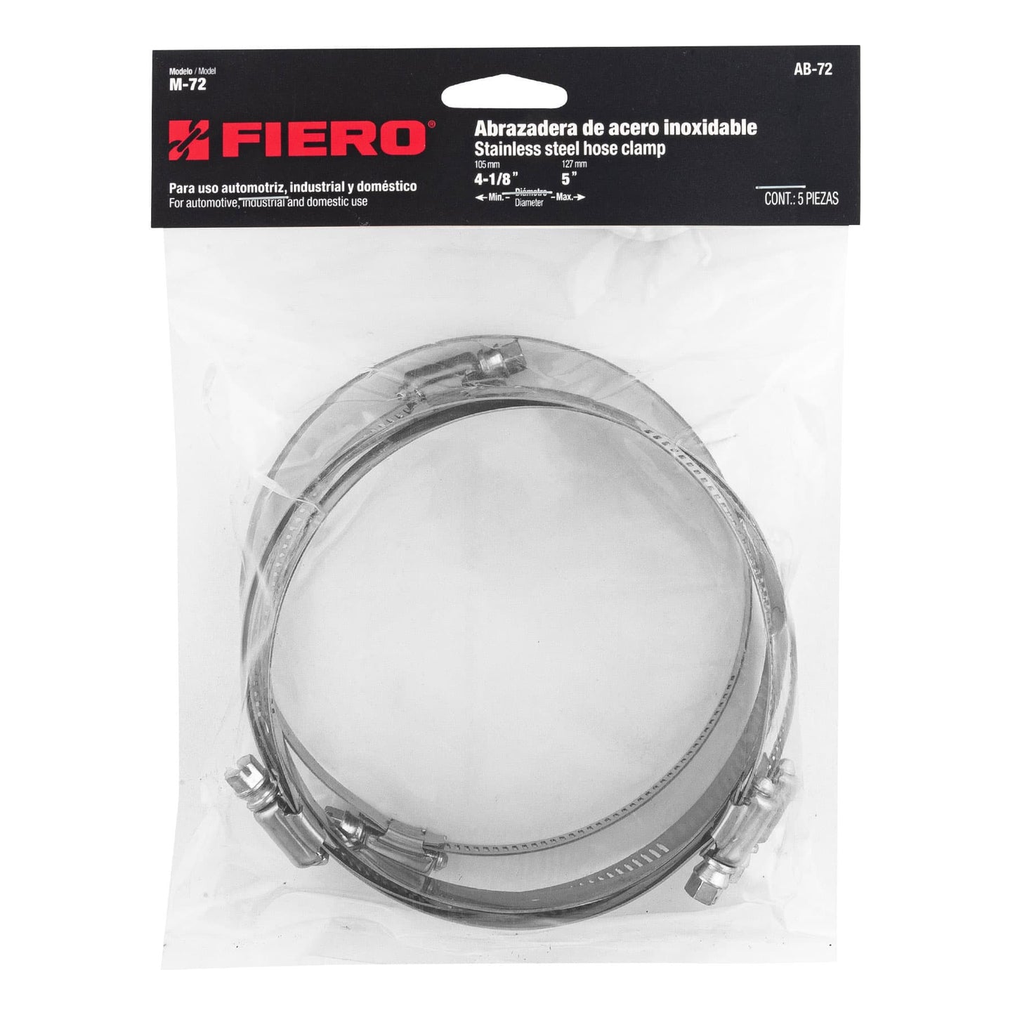 AB-72 Abrazadera reforzada, acero inox #72, 4-1/8"-5", 5 pzas