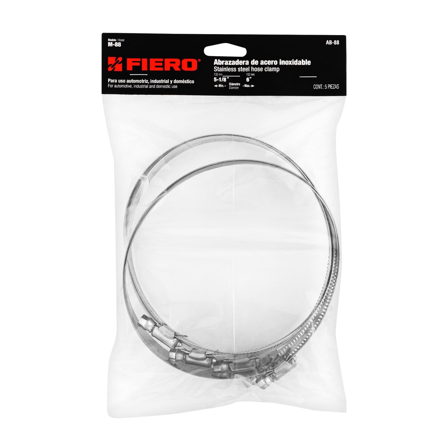 AB-88 Abrazadera reforzada, acero inox #88, 5-1/8"-6", 5 pzas