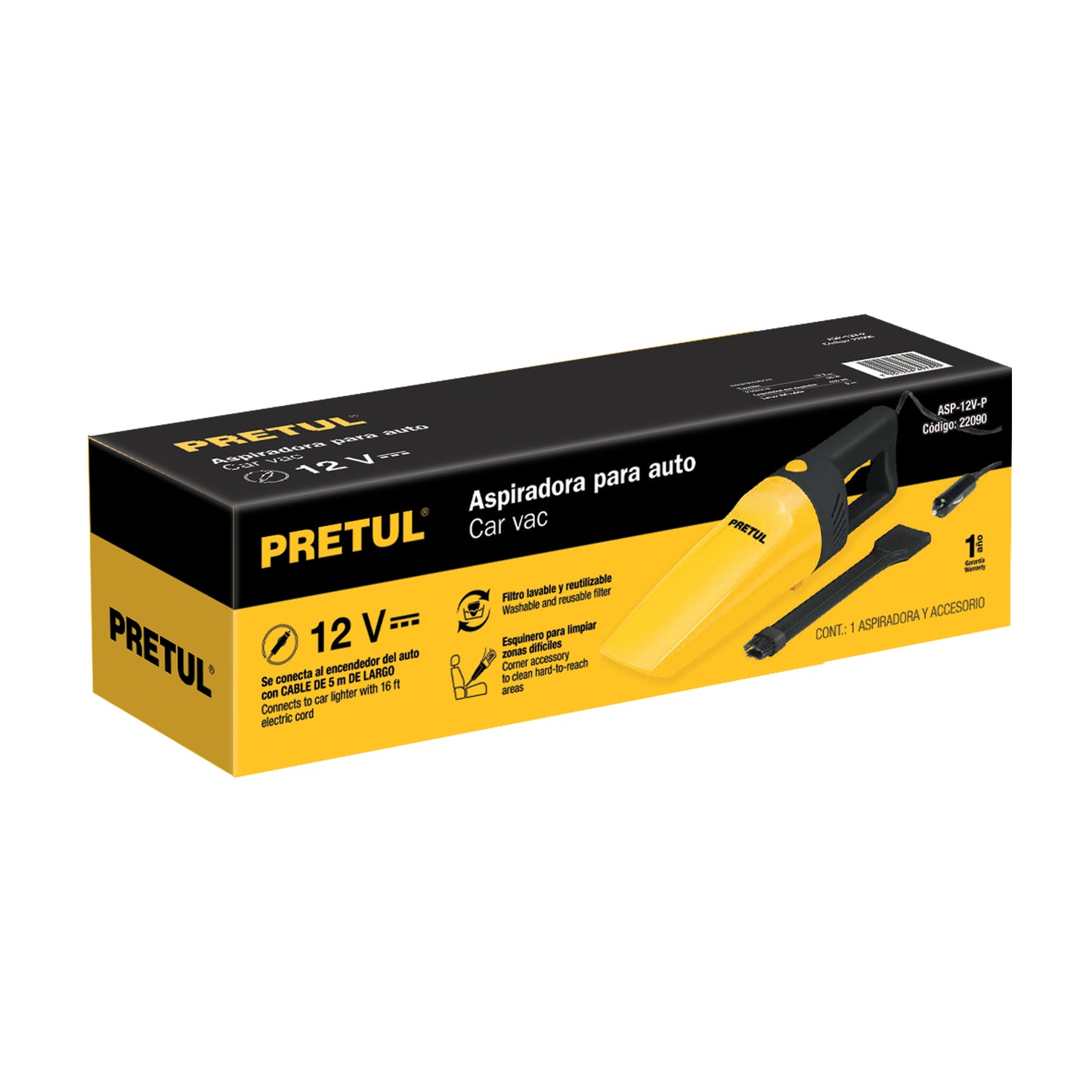 ASP-12V-P Aspiradora para auto, de 12 volts, Pretul