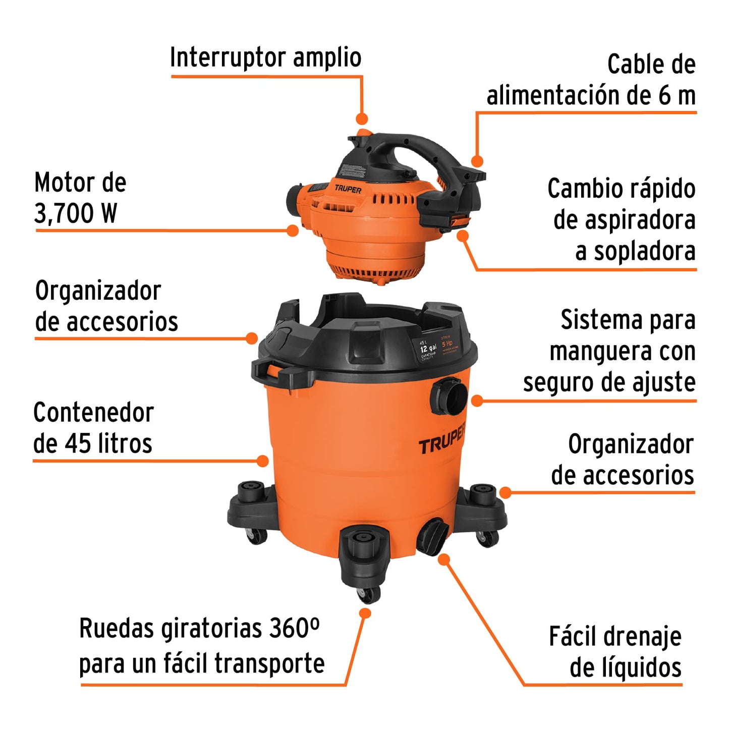 ASP-12S Aspiradora/Sopladora de sólidos y líquidos de 12 galones Truper