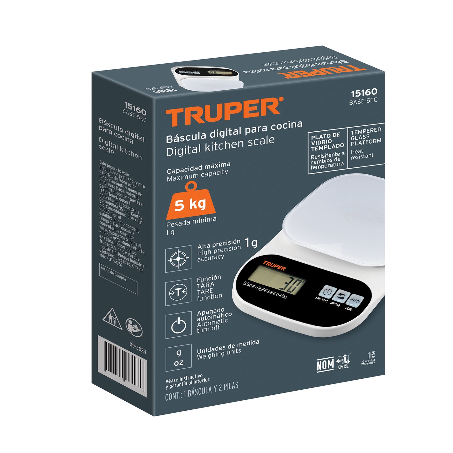 BASE-5EC Báscula digital base de vidrio para cocina, capacidad 5kg