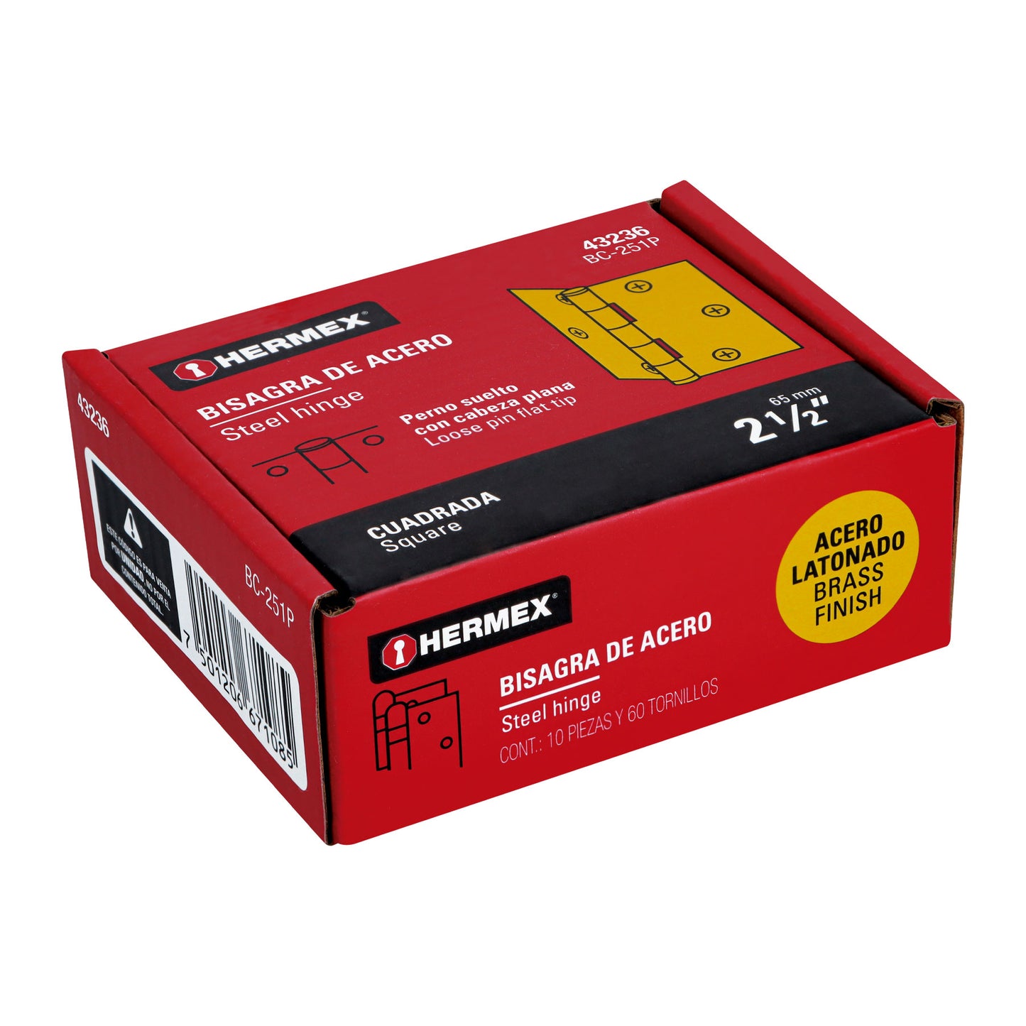BC-251P Bisagra cuadrada, 2-1/2", acero latonado, cabeza plana