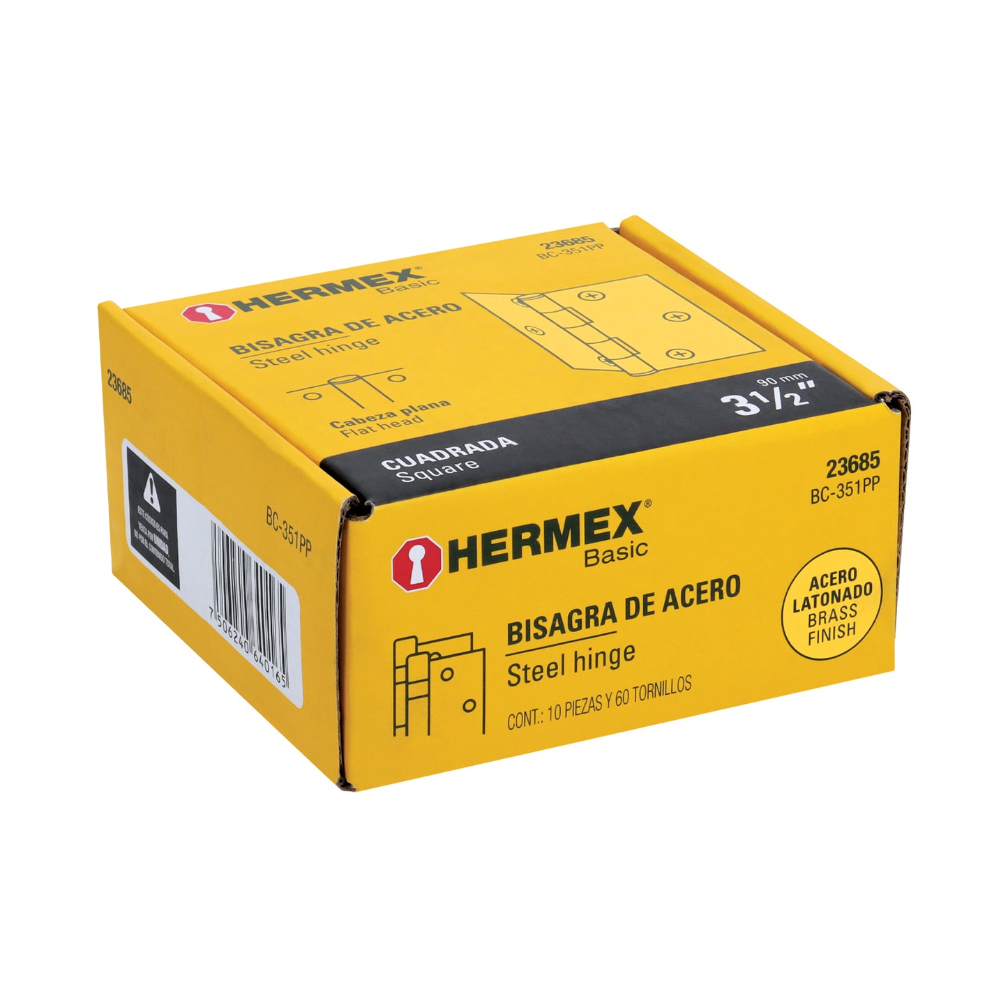 BC-351PP Bisagra cuadrada, latonada, cabeza plana, 3.5", Hermex Basic