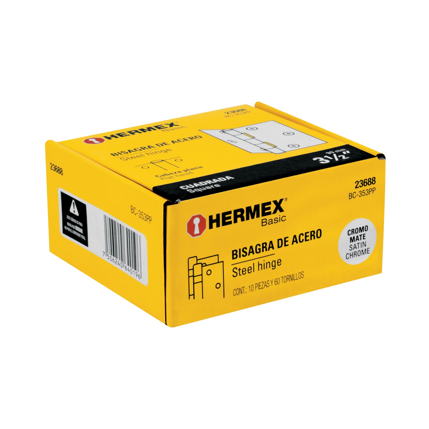 BC-353PP Bisagra cuadrada,cromo mate,cabeza plana, 3.5", Hermex Basic