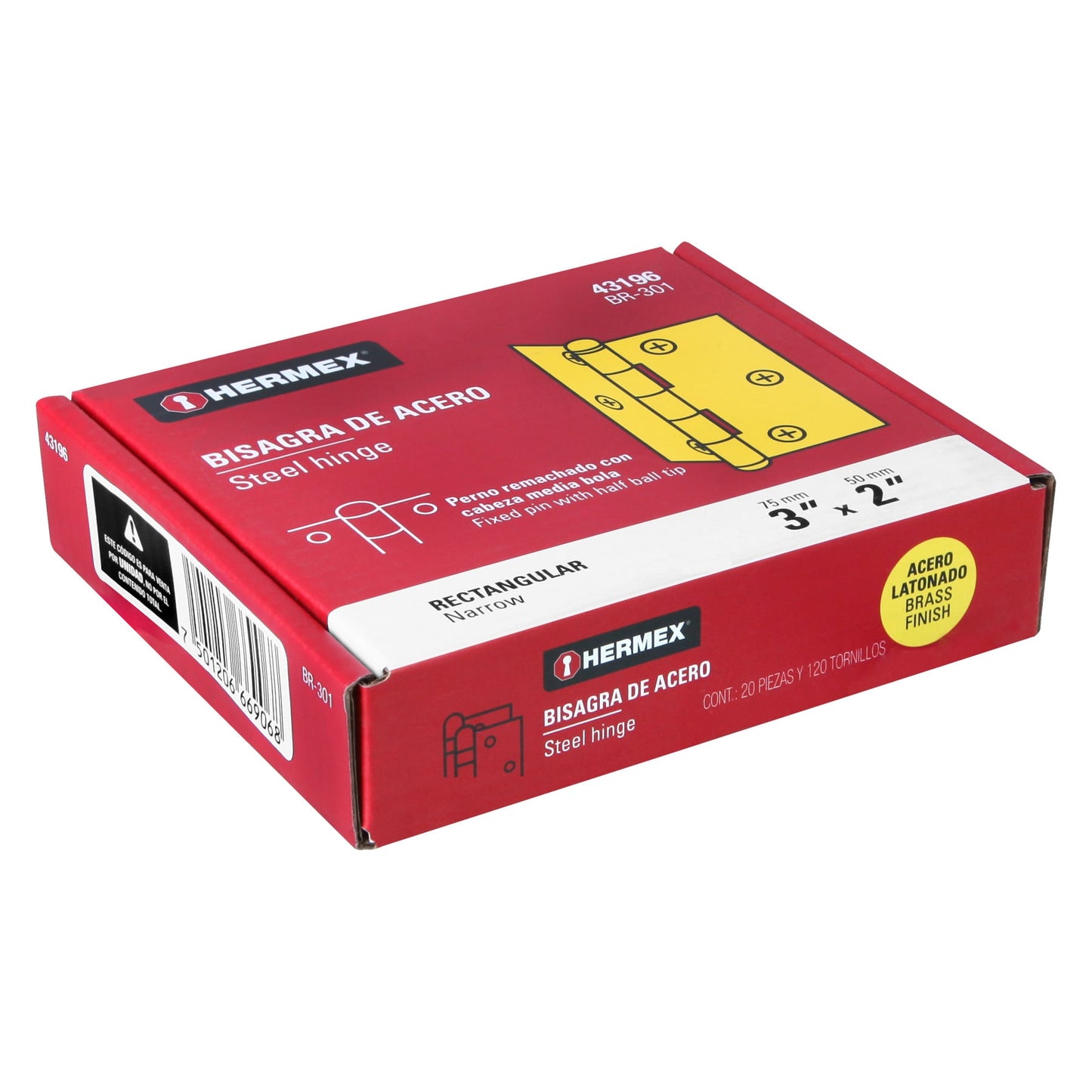 BR-301 Bisagra 3" X 2" acero latonado, incluye tornillería