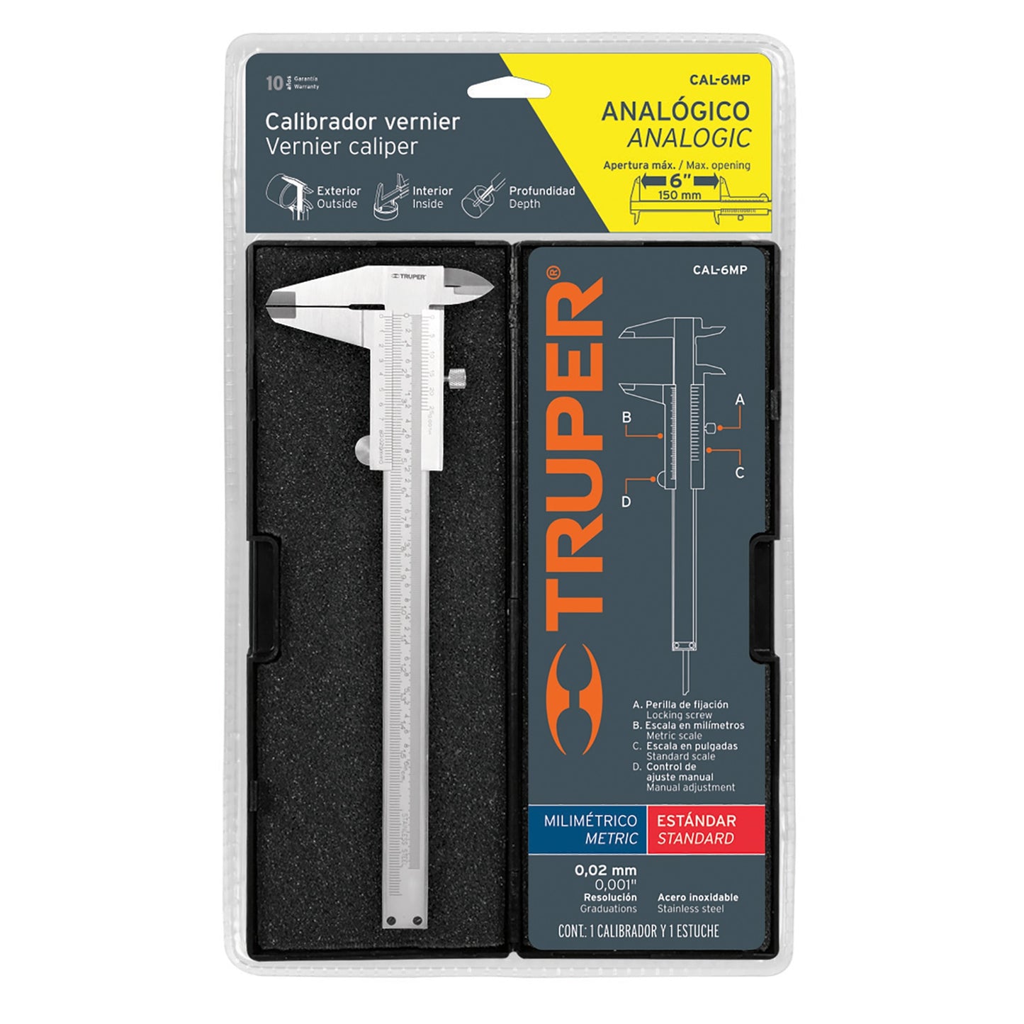 CAL-6MP Calibrador pie de rey manual de escala 6", acero inox
