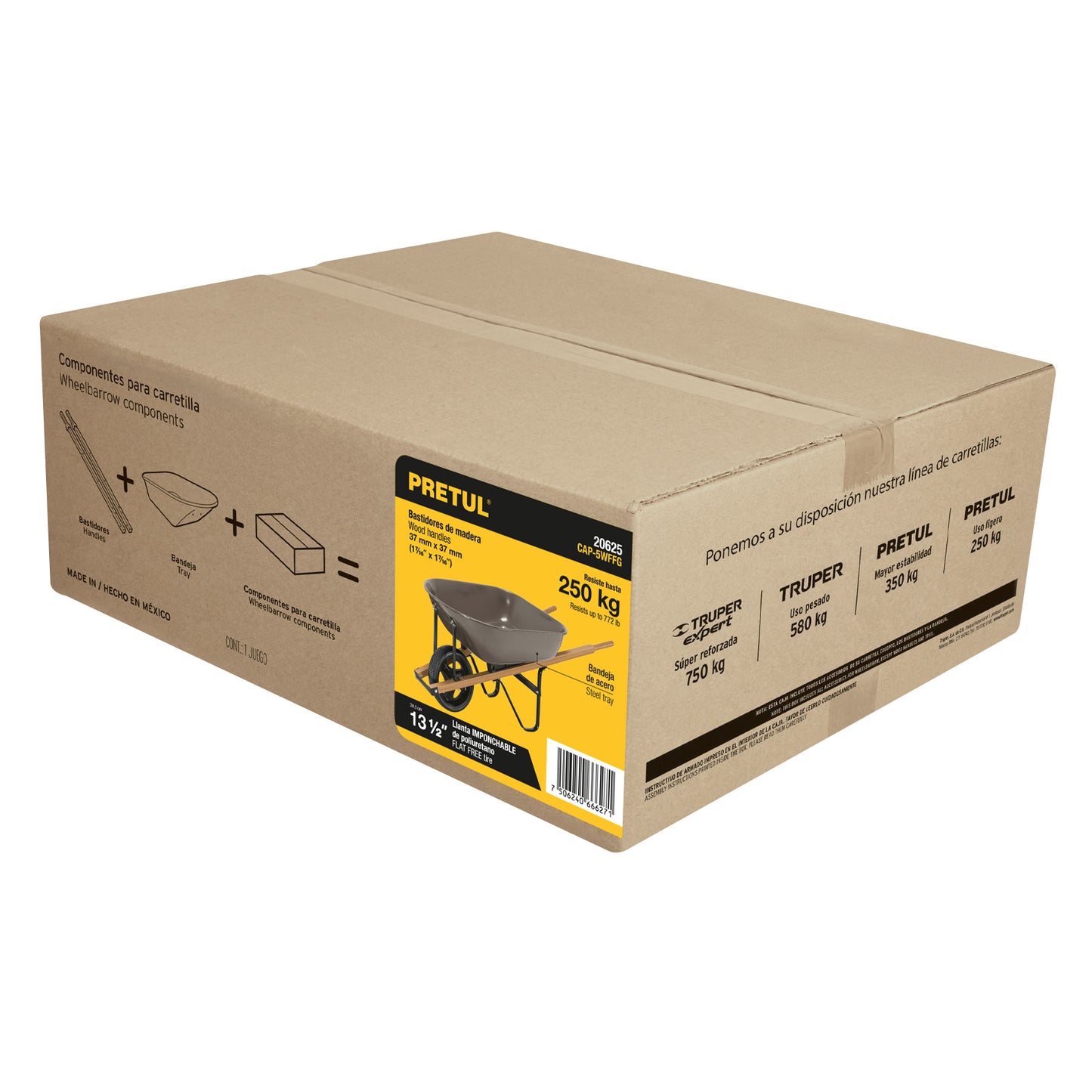 CAP-5WFFG Carretilla 5.5 ft3, mgos/madera 1-1/2", rueda antipinchazo, Pretul